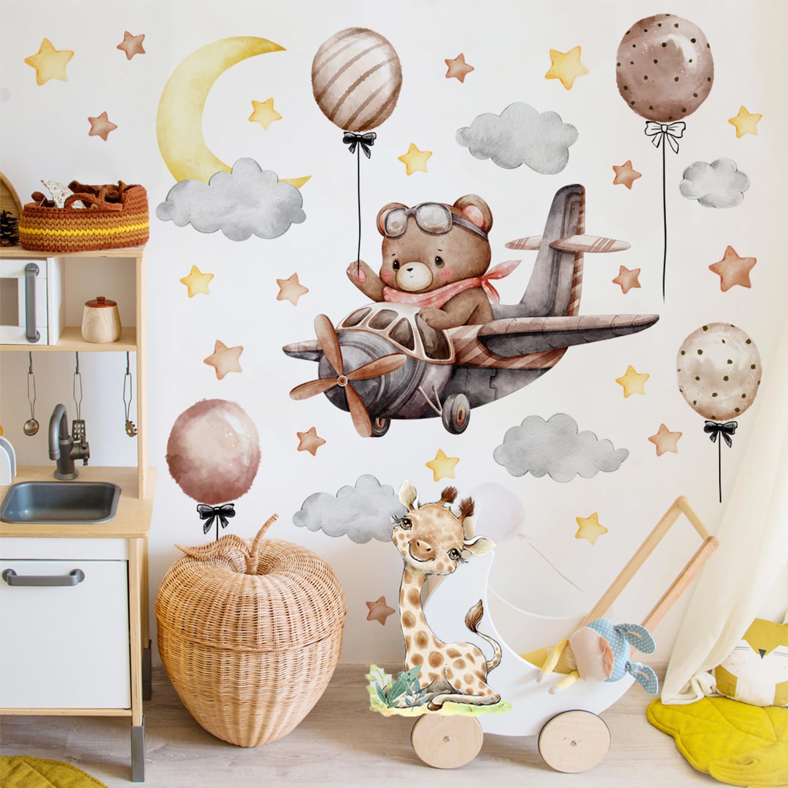 Teddy Bear & Star Moon Wall Sticker - Light Colour Baby Room Decoration - Self-Adhesive Animals for Girls & Boys Bedroom & Cabinet