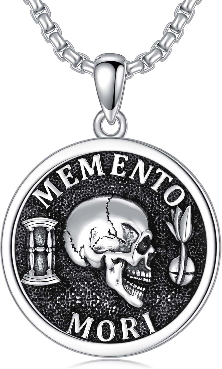 PELOVNY Memento Mori Necklace 925 Sterling Silver Gothic Skull Pendant Stoicism Jewelry Gifts for Men Women 22+2 Inch Chain