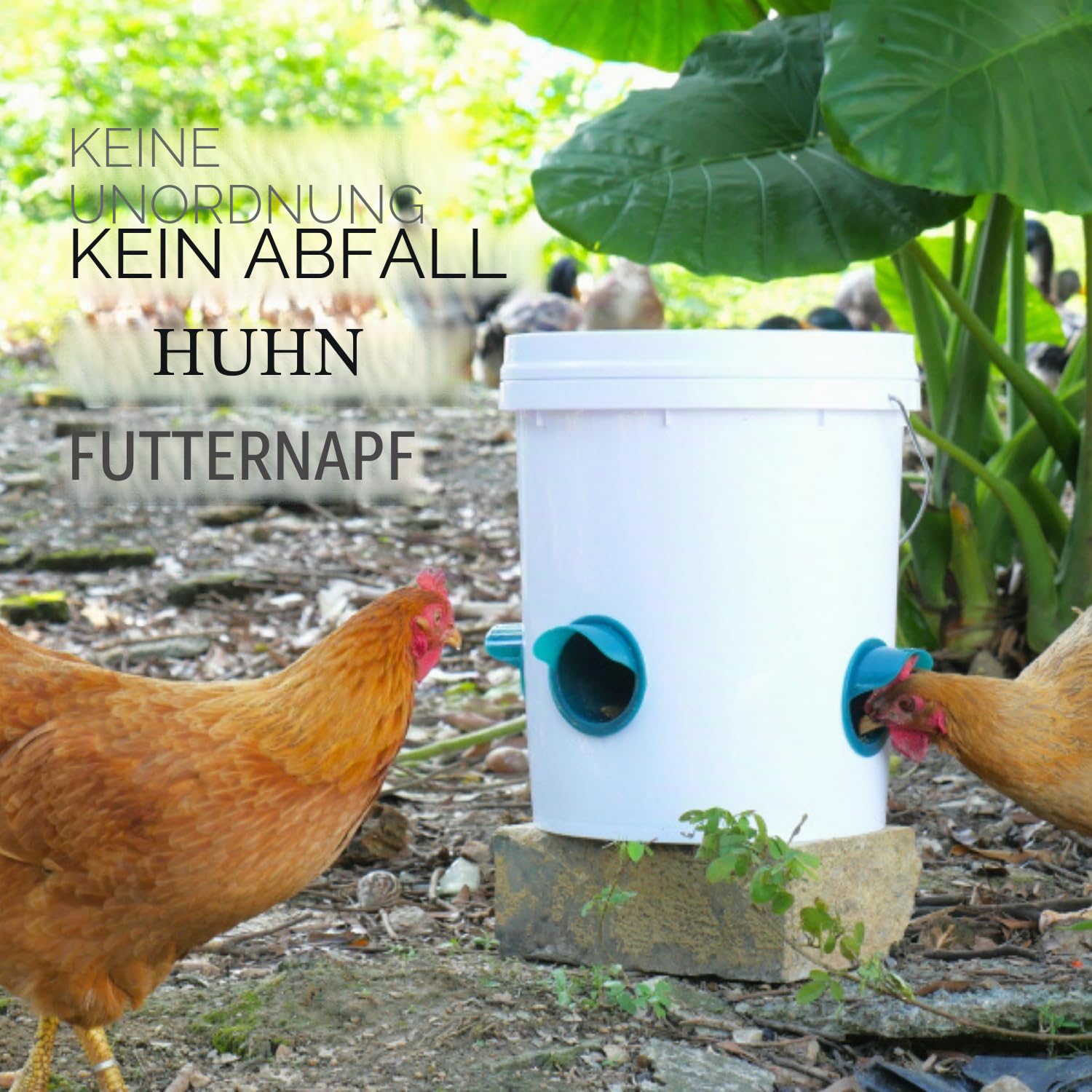 Hühnerfutterspender ohne Abfall, 6 Anschlüsse + Lochsäge, Automatischer Hühnerfutterspender, Regendicht, Geflügelfutterstation für Hühner, Ente, Gänse, Vögel, Wachteln
