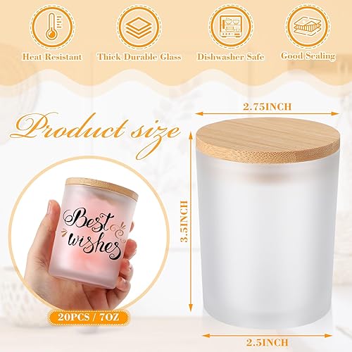 Miniatura 2 de Tanlade 20 portavelas de vidrio de sublimación a granel de 7 onzas, tarros de vela esmerilados con tapa de bambú, recipientes decorativos para velas