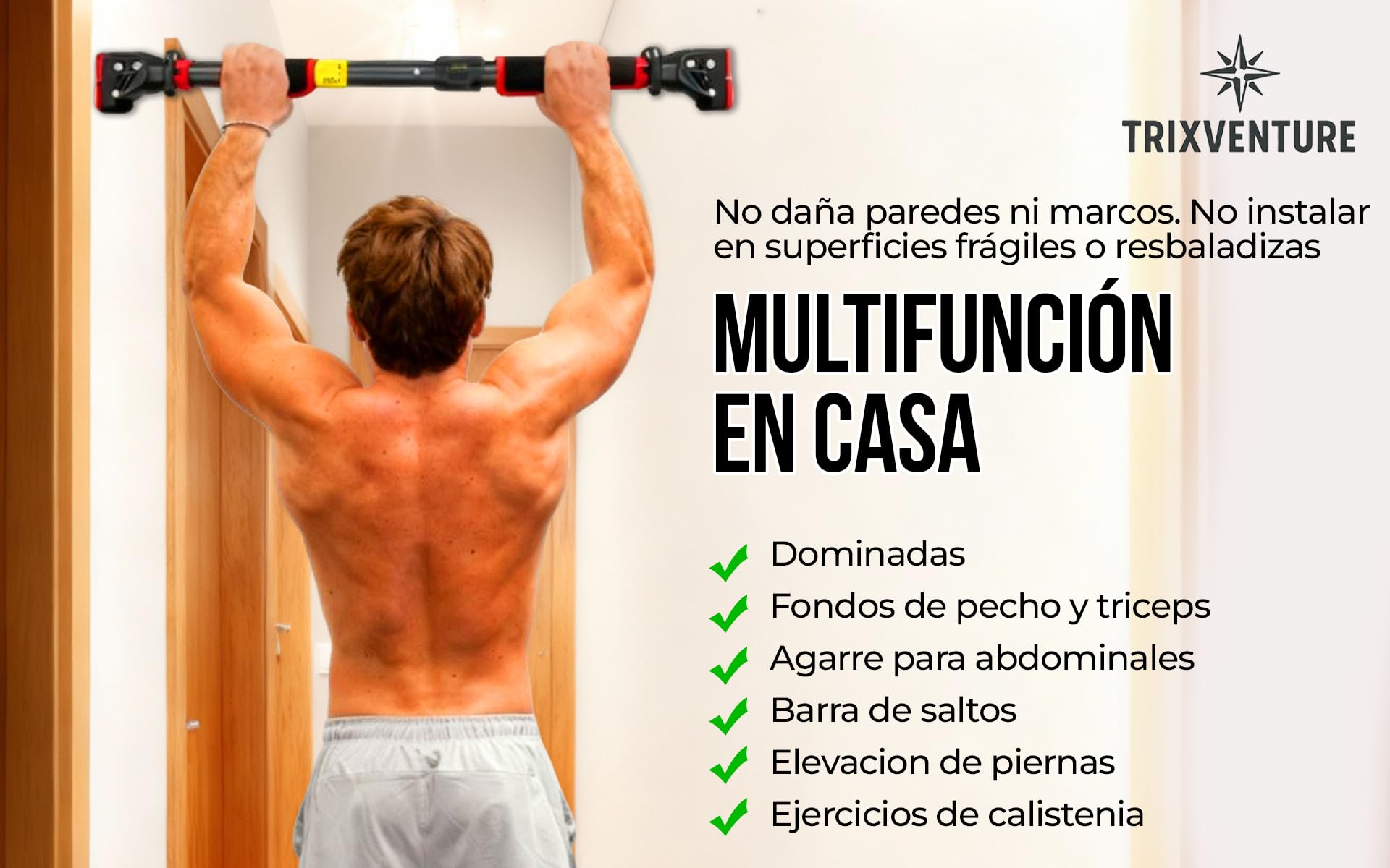 Kit Gimnasio: Barra Dominadas para Puerta y Pared (72-110cm) - Instalación Sin Tornillos con Nivelador + 5 Bandas Musculación con agarres, Bandas Elásticas y Bolsa - Carga 200kg