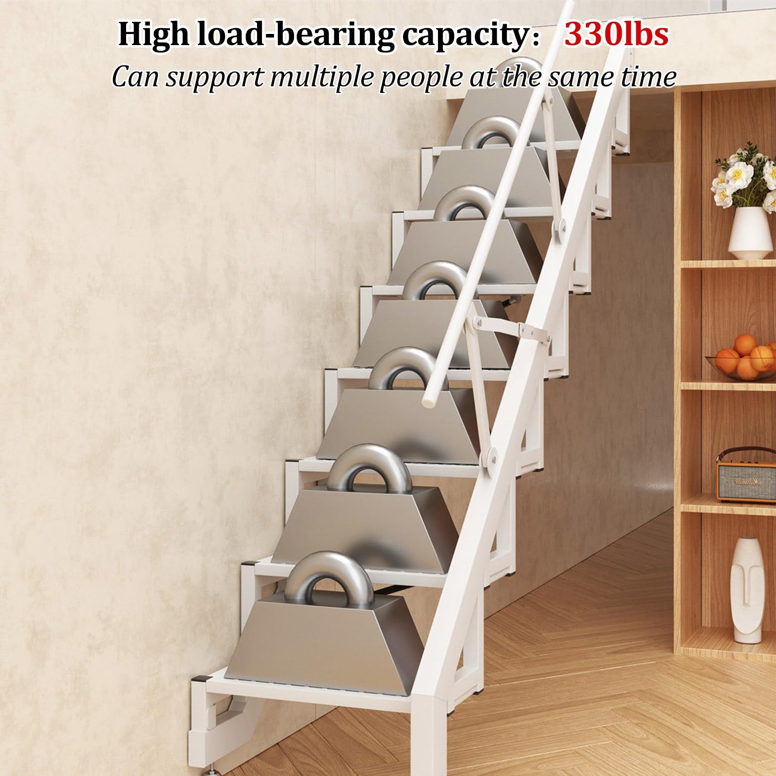 Scala retrattile pieghevole per soppalco, scala di emergenza per mansarda | Acciaio al carbonio, portata 150 kg, gradini larghi antiscivolo per dormitori camere da letto magazzini(Red,5 steps)