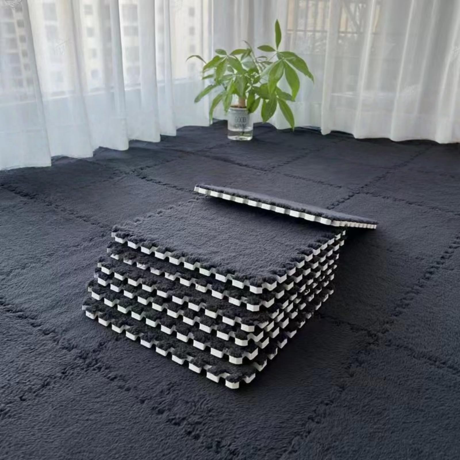 Hiseng 5/10 pcs Interlocking Foam Floor Tiles 30x30cm, Squares Puzzle Carpet Tiles Plush Floor Mats Soft Shaggy Foam Rug for Kids Bedroom Living Room Home Decoration, Solid Colors (Black,10pc)