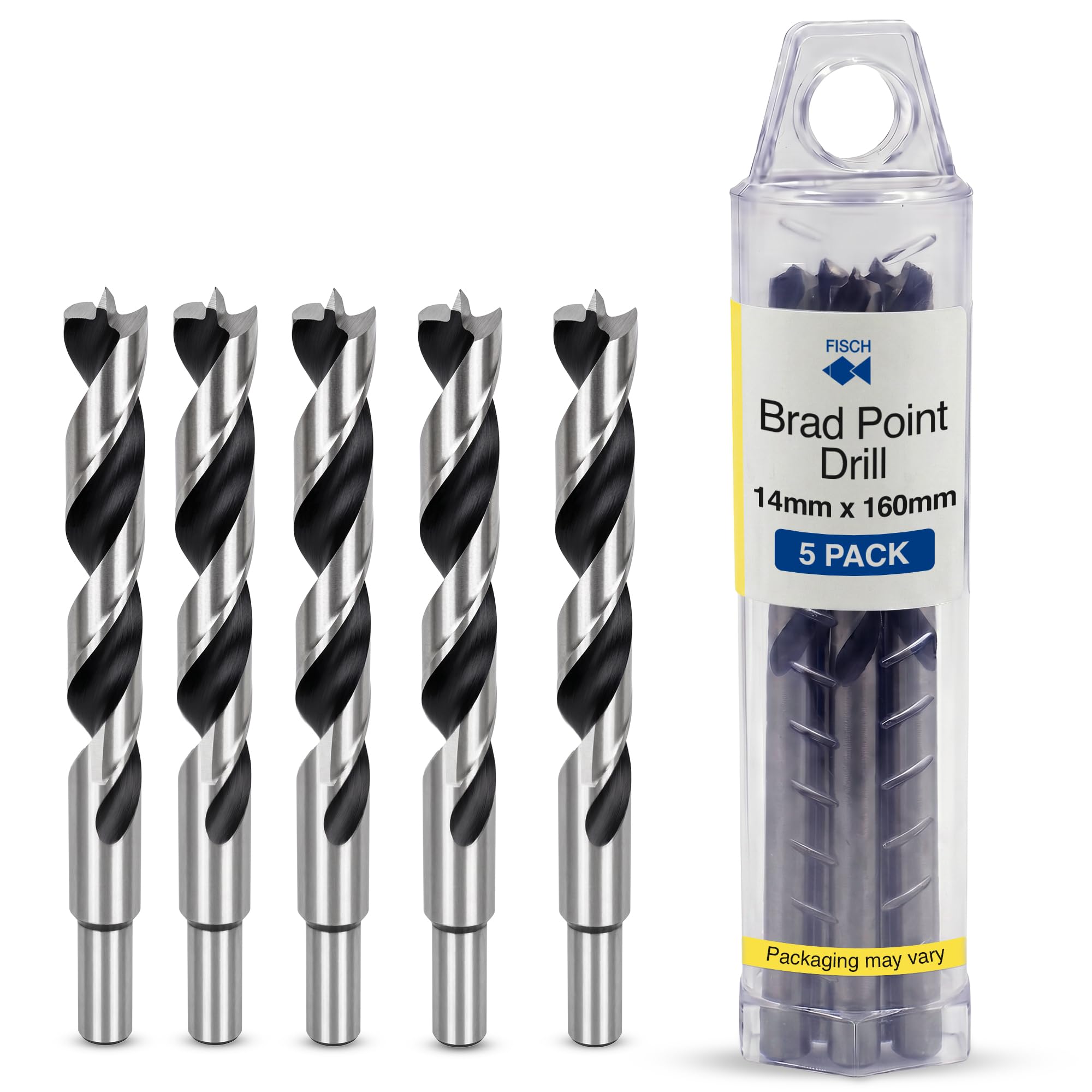 Fisch Brad Point Drill Bit Set – Chrome Vanadium Wood Bit, Precision Woodworking Tools, DIY & Professional Use, Compatible with Standard Drills, Size 14mm Dia x 160mm OAL (5 Pack)