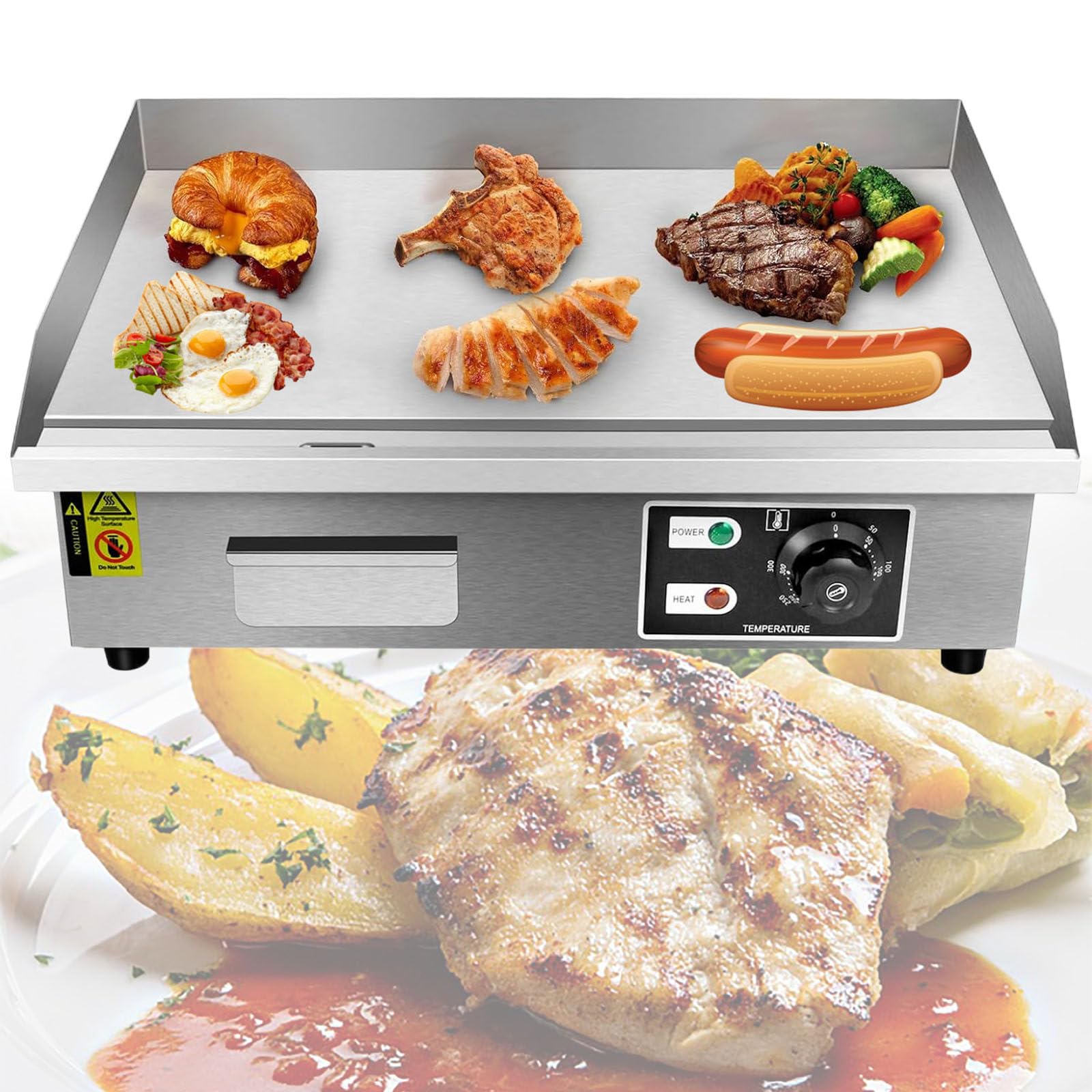 Piastra Elettrica Commerciale da 55 cm con Controllo della Temperatura, Griglia Elettrica in Acciaio Inossidabile da 1600 W o 3000 W, Piastra da Appoggio con Superficie Piatta,110V