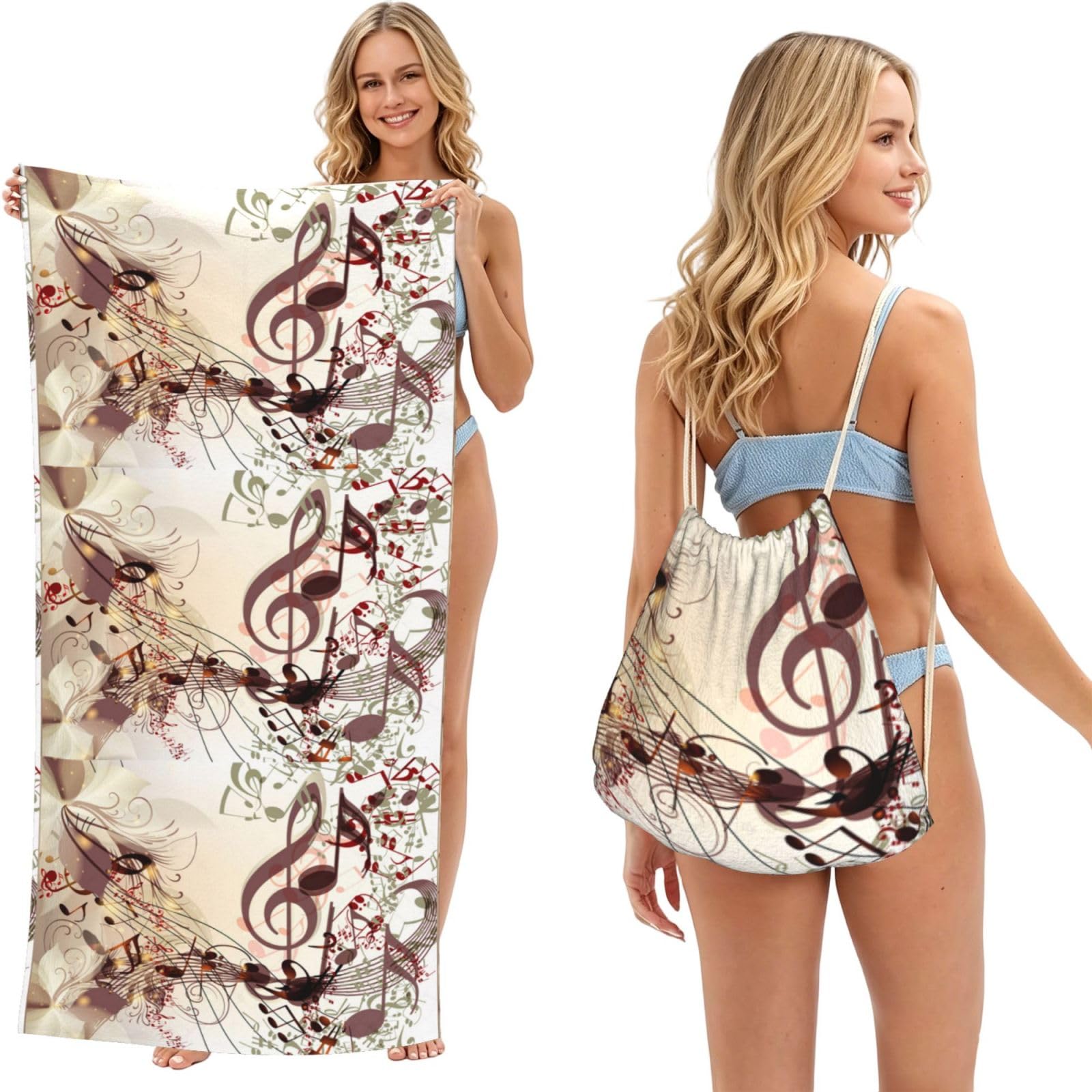 Poadnly As Picture Music Notes, 2 In 1 Packable Towel Bag, Beach Towels With Drawstring Backpack For Travel Holiday Camping
