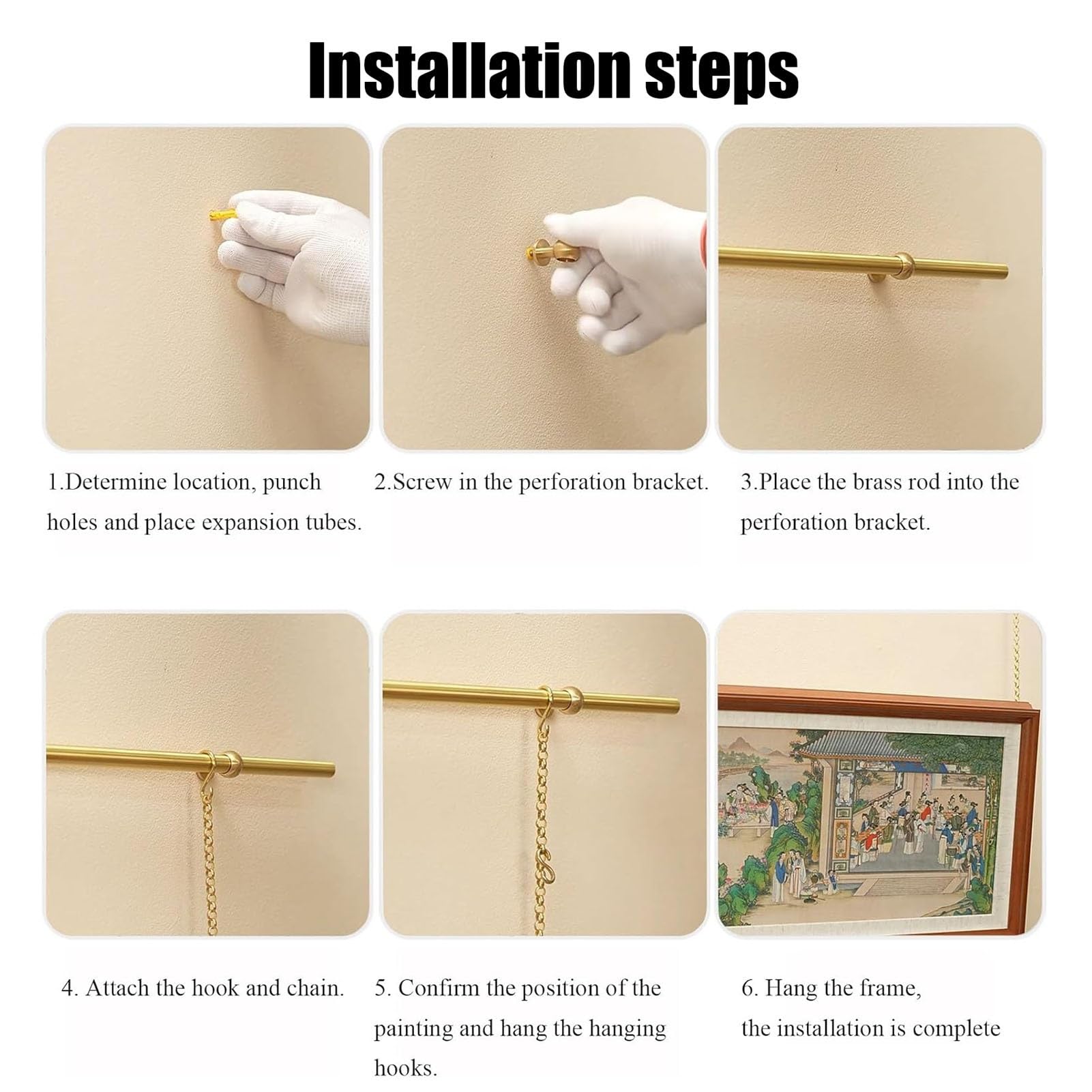 Sistema di binari per Quadri in Ottone Personalizzabile, Kit di Filo per Appendere Quadri in Stile Francese da 78,7 Pollici per la Decorazione delle pareti del Soggiorno, Soluzione per espor