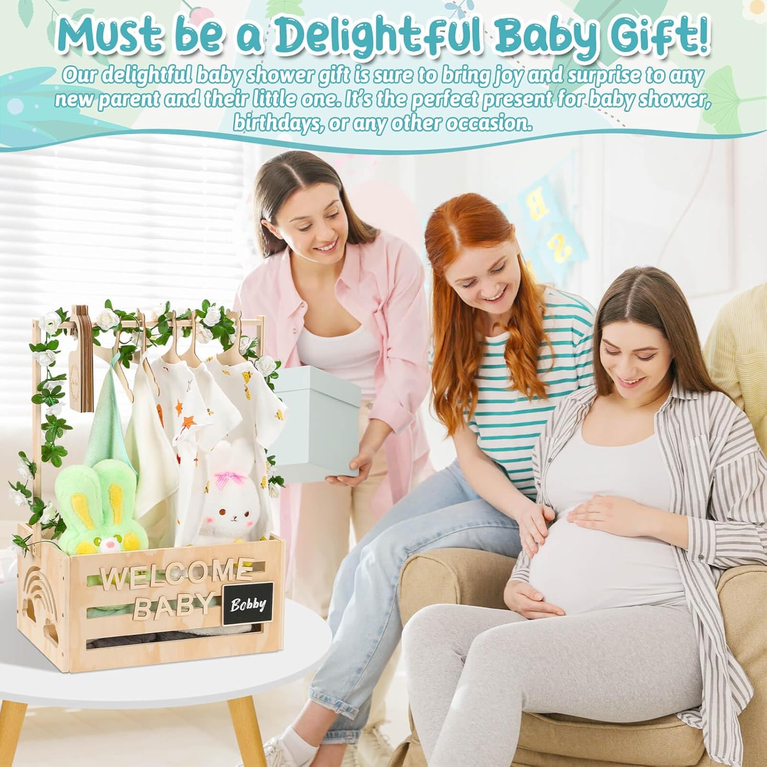 Jupwalz Wooden Baby Shower Crate Closet With Hangers, Letters, Dividers - Easy Assembly Basket for Newborn Boys Girls - Pregnancy Gifts for New Parents