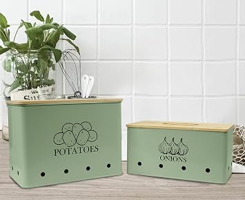 Potato Onion Storage Box, Food Container Sets, Storage Canisters for Vegeatables, Set of 2 Jars Pots Containers, Potato & Onion Bin with Aerating Tin Storage Holes & Wooden Lid-Green