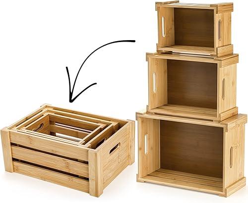 Miniatura 4 de Lawei Juego de 3 cajas de bambú con asas, caja de almacenamiento decorativa rústica, caja de almacenamiento para exhibición, cestas de bambú de