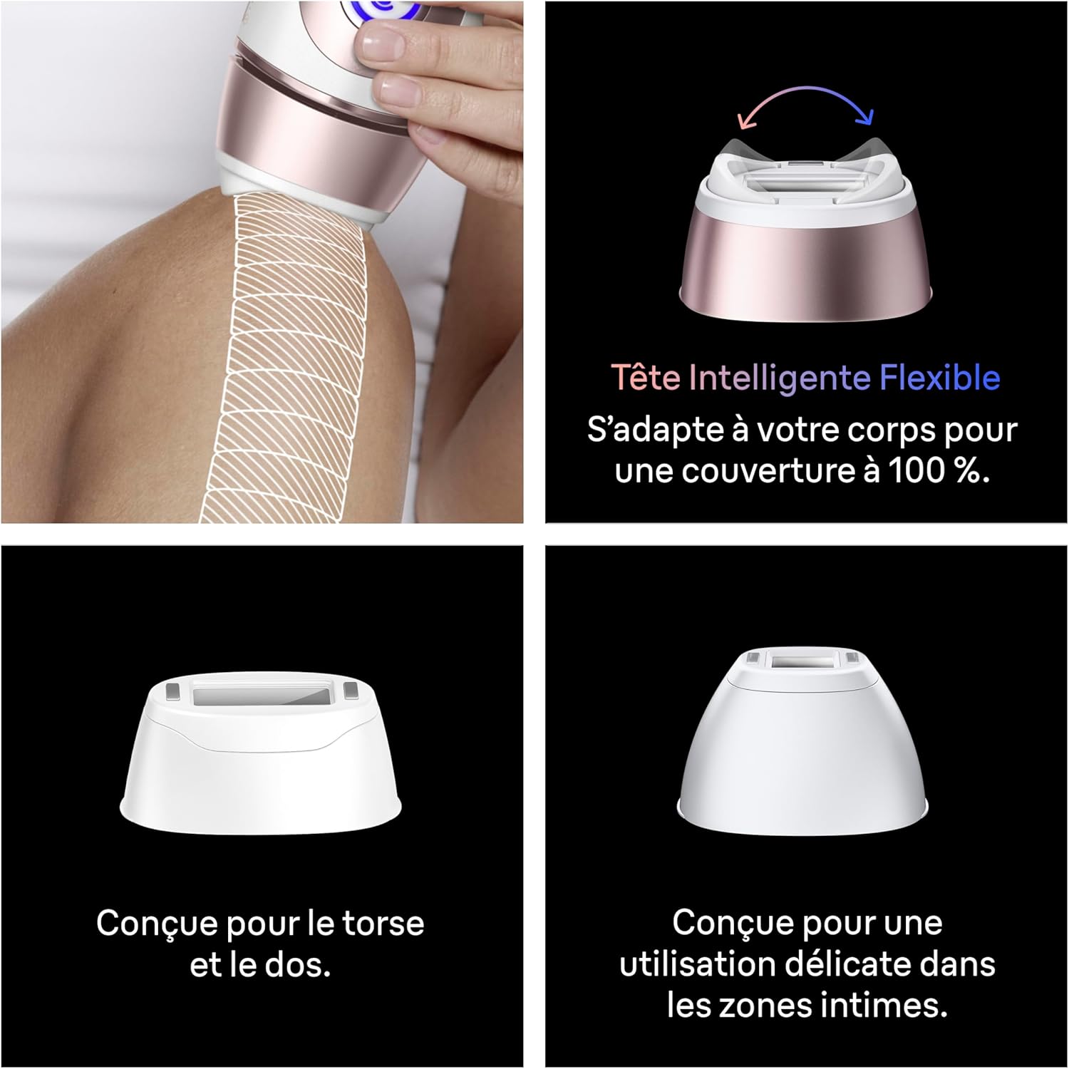 Braun Epilateur Lumiere Pulsee Smart Skin i·expert PL7311, vue rapprochée de l'appareil avec ses têtes interchangeables et l'application mobile sur smartphone, alternative au laser à domicile pour une réduction semi-définitive des poils — vue 6