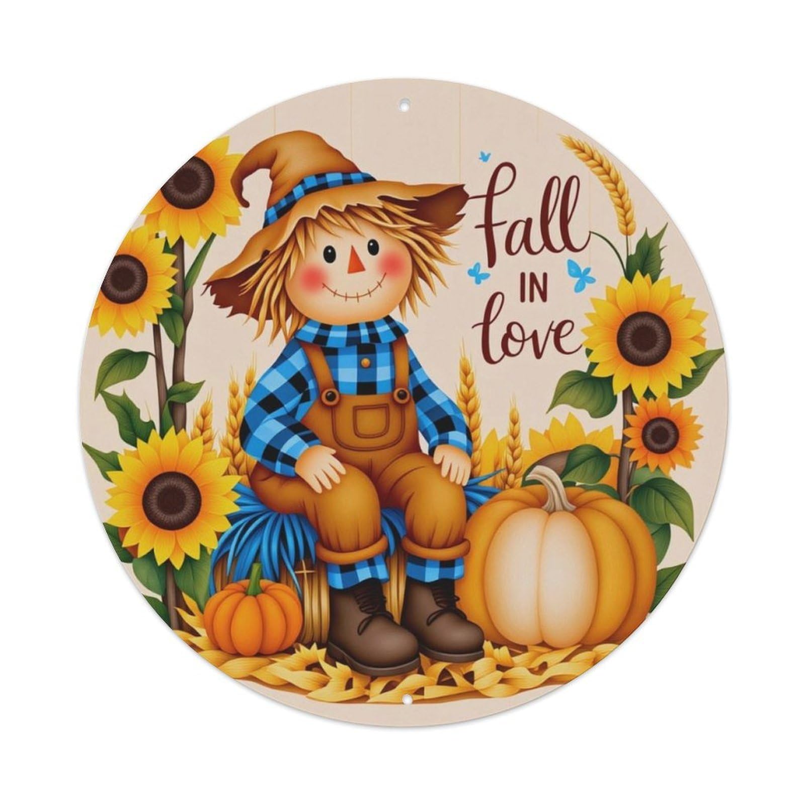 Autumn Country Scarecrow Sunflower Warm Round Decor Sign Vintage Aluminium Metal Sign, Retro Wall Decor for Home, Bar, Garage & Farmhouse 20x20cm