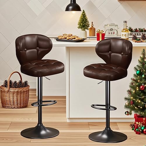 Juego de 2 taburetes de bar, taburetes de bar giratorios ajustables, moderna silla de bar tapizada de piel sintética con respaldo y reposapiés, para