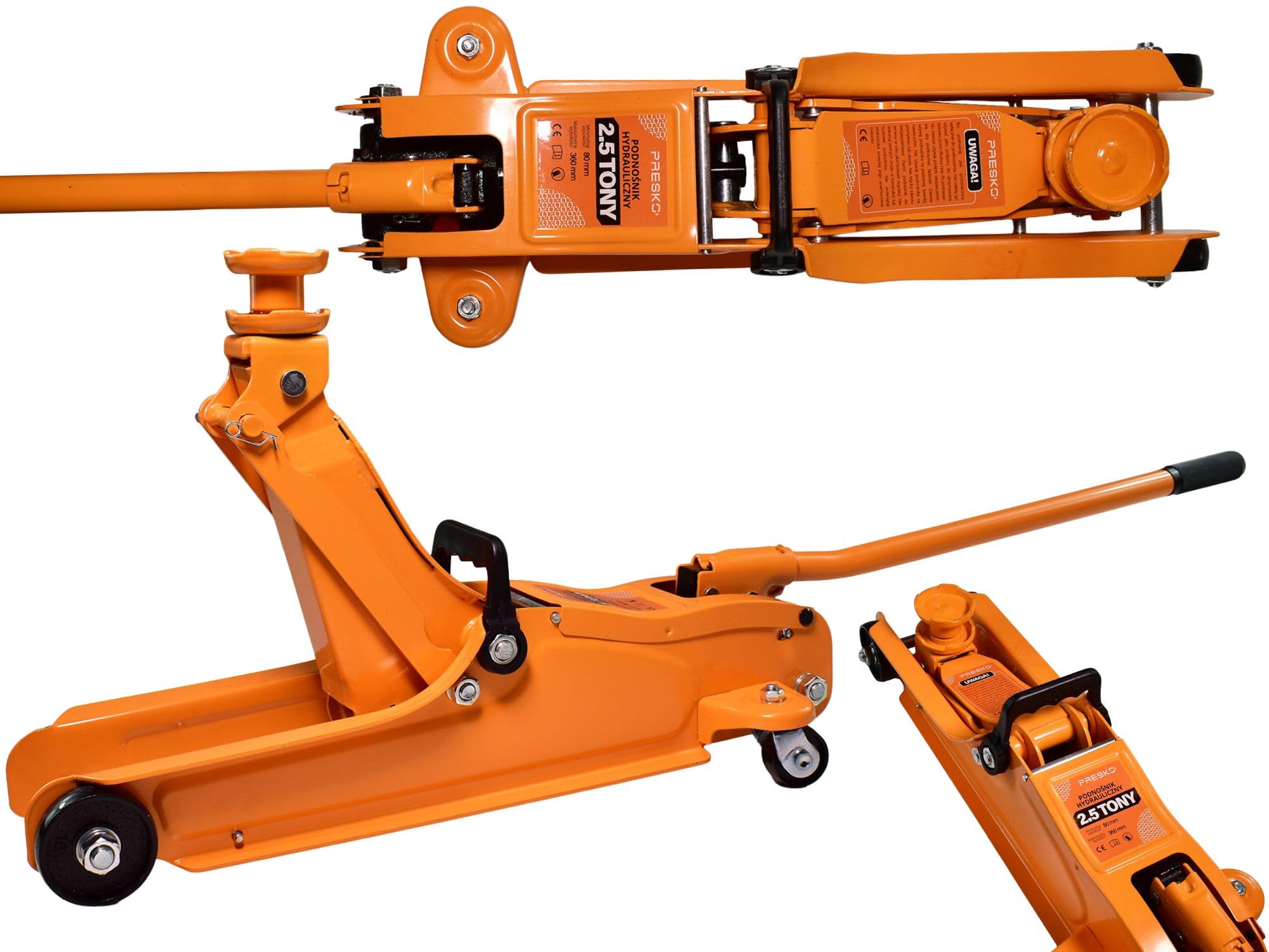 Hydraulischer Rangierwagenheber 2,5t (2500 kg), Flacher Wagenheber für tiefergelegte Autos, Low Profile Auto-Heber Hubhöhe 80-360 mm, 4 Rollen & Sicherheitsventil