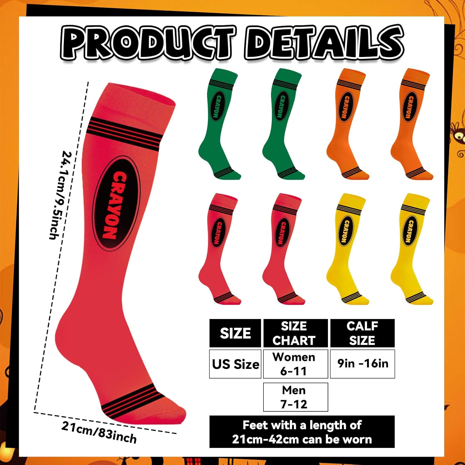 4 Pairs Halloween Crayon Socks for Women Girls Adult Costume Colorful Striped Thigh High Stockings Crayon Knee High Socks Set Long Thick Halloween Stocking Set Costume - Image 4