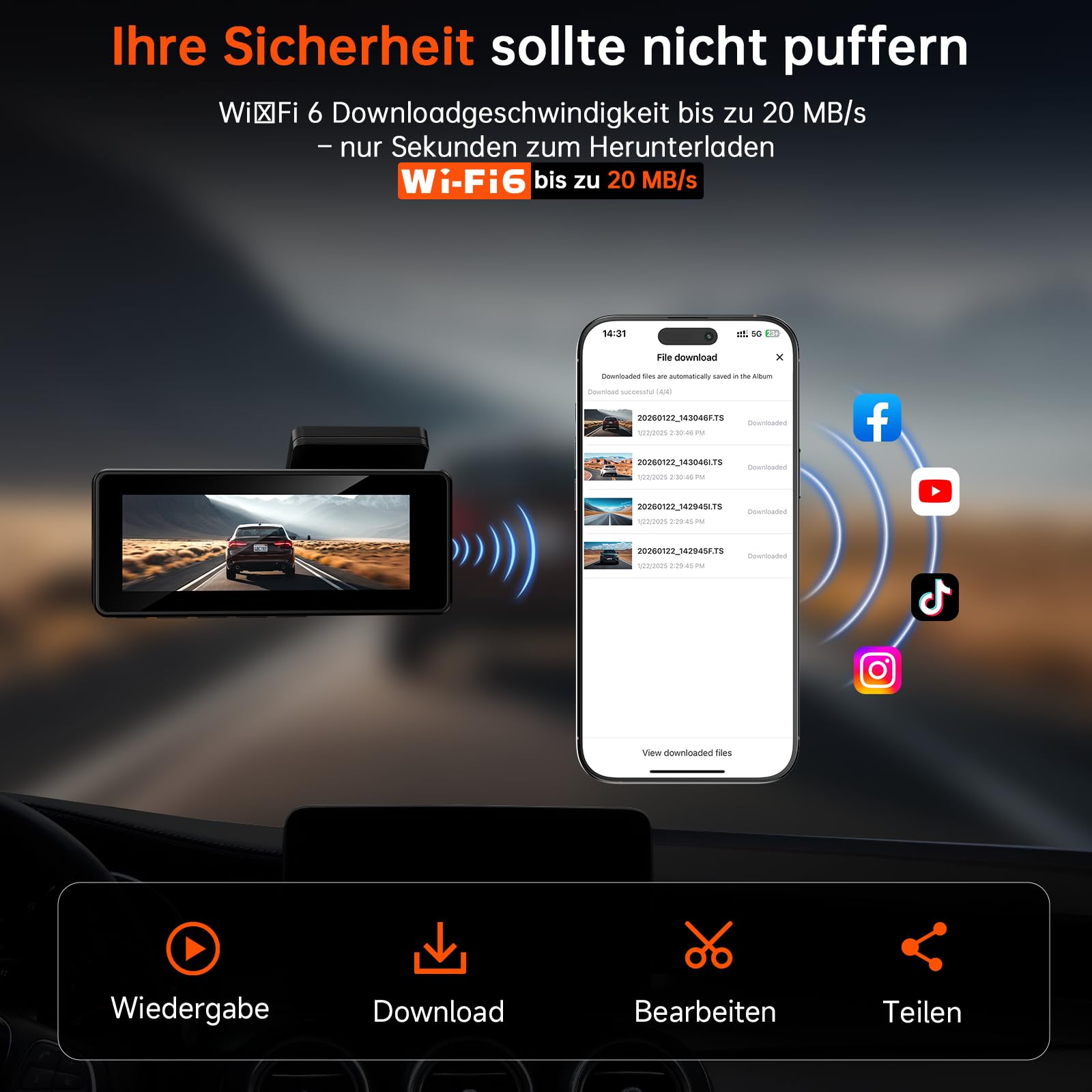 Dashcam Auto Vorne Hinten 4K+4K, WiFi Dash Cam mit 64GB SD-Karte | 3,2'' Bildschirm, Super Nachtsicht, WDR, G-Sensor, 24/7 Parküberwachung, Loop-Aufnahme, APP Steuerung, Max 256G