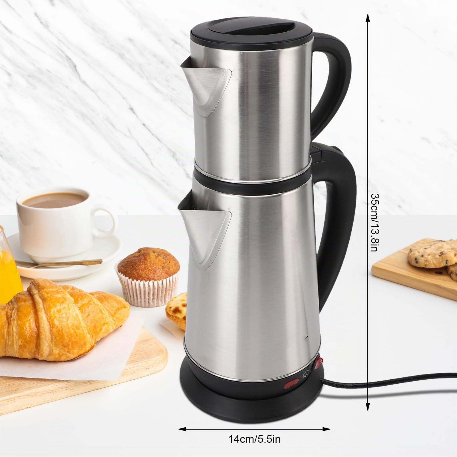 SENECESLI Elektrischer Türkischer Teehersteller, Edelstahl -Doppelkinder -Teekessel, Inklusive Infuser, Automatische Absperrung und Kochen Trockener Schutz, 1l Kessel + 2L Teekanne, 1800W (EU)