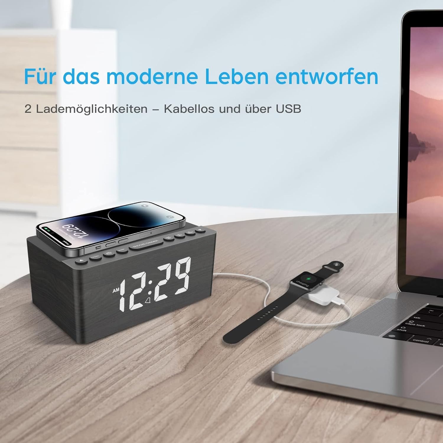 Image showing the ANJANK AC190-DE alarm clock wirelessly charging a smartphone on its top surface, with a smartwatch charging via USB from a laptop nearby.