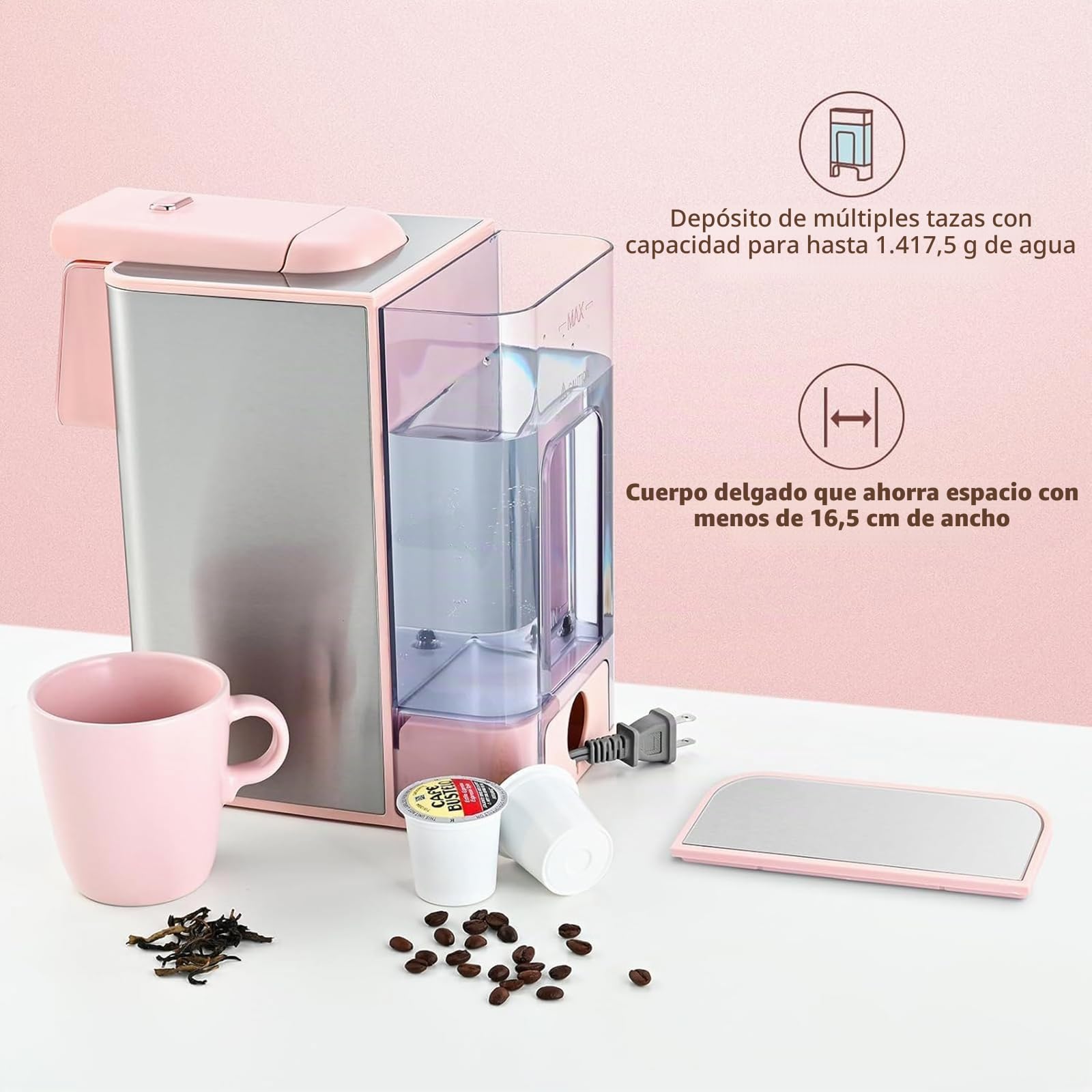 Mecity Cafetera rosa 3 en 1 de una sola porción, para cápsulas de café de fondo plano, café molido, taza de 6 a 10 onzas, depósito de agua extraíble de 50 onzas, 120 V y 1150 W