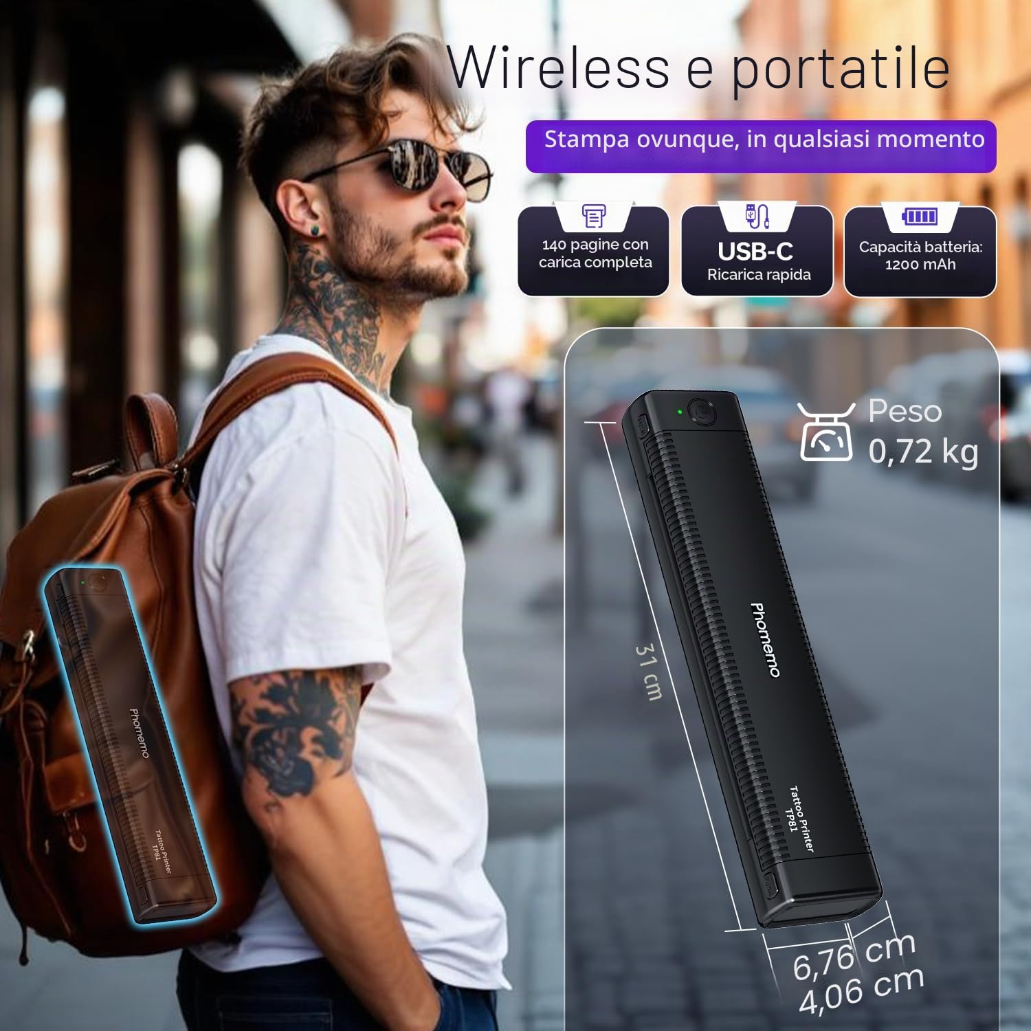 Phomemo TP81 Stampante per Tatuaggi con 4 Gel per Trasferimento di Tatuaggi, 20 Pezzi di Carta di Trasferimento per Tatuaggi Temporanei, Compatibile con Smartphone e PC