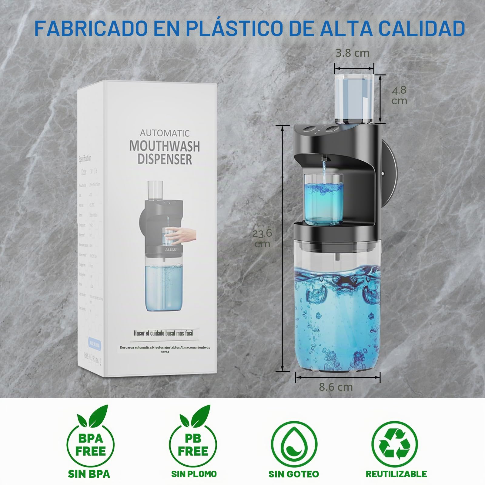 Dispensador de Enjuague Bucal Baño,550ML Automático Dosificador de Enjuague Bucal,USB Recargable Dispensador Jabon con 2 Magnéticos Vasos Plastico,para Adultos y Niños,Negro