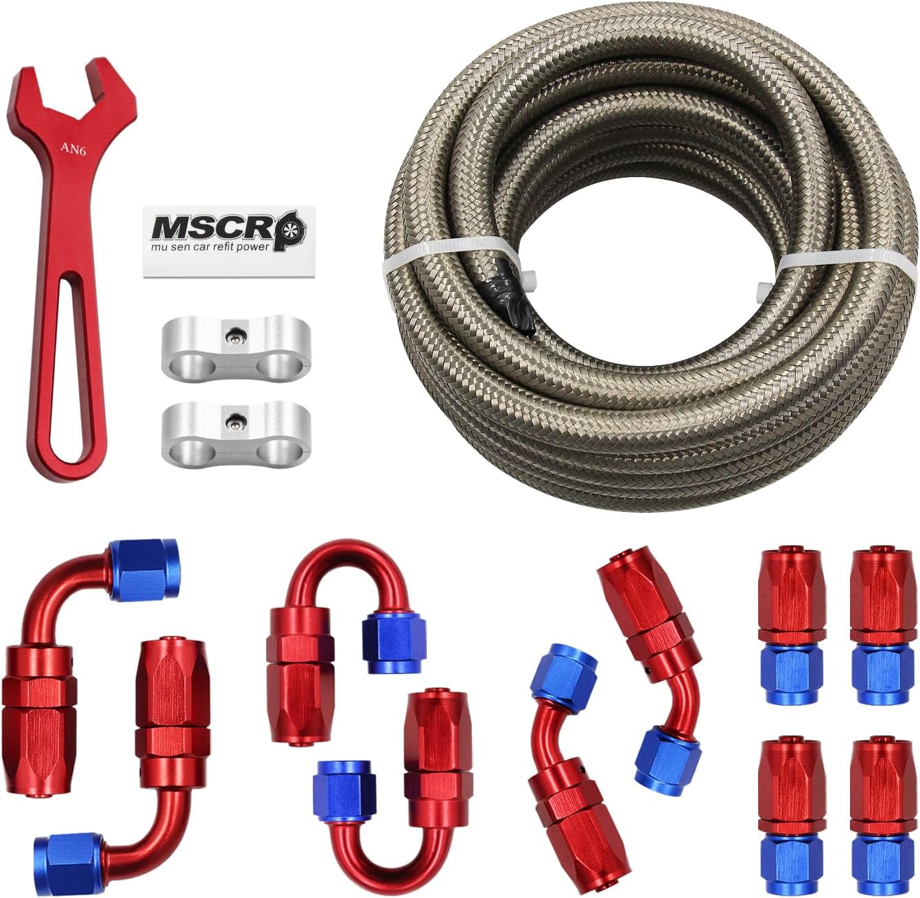 AN6 20FT Fuel Line Hose Kit, Stainless Steel Braided 3/8" - 8.73mm ID (AN6, Stainless Steel)