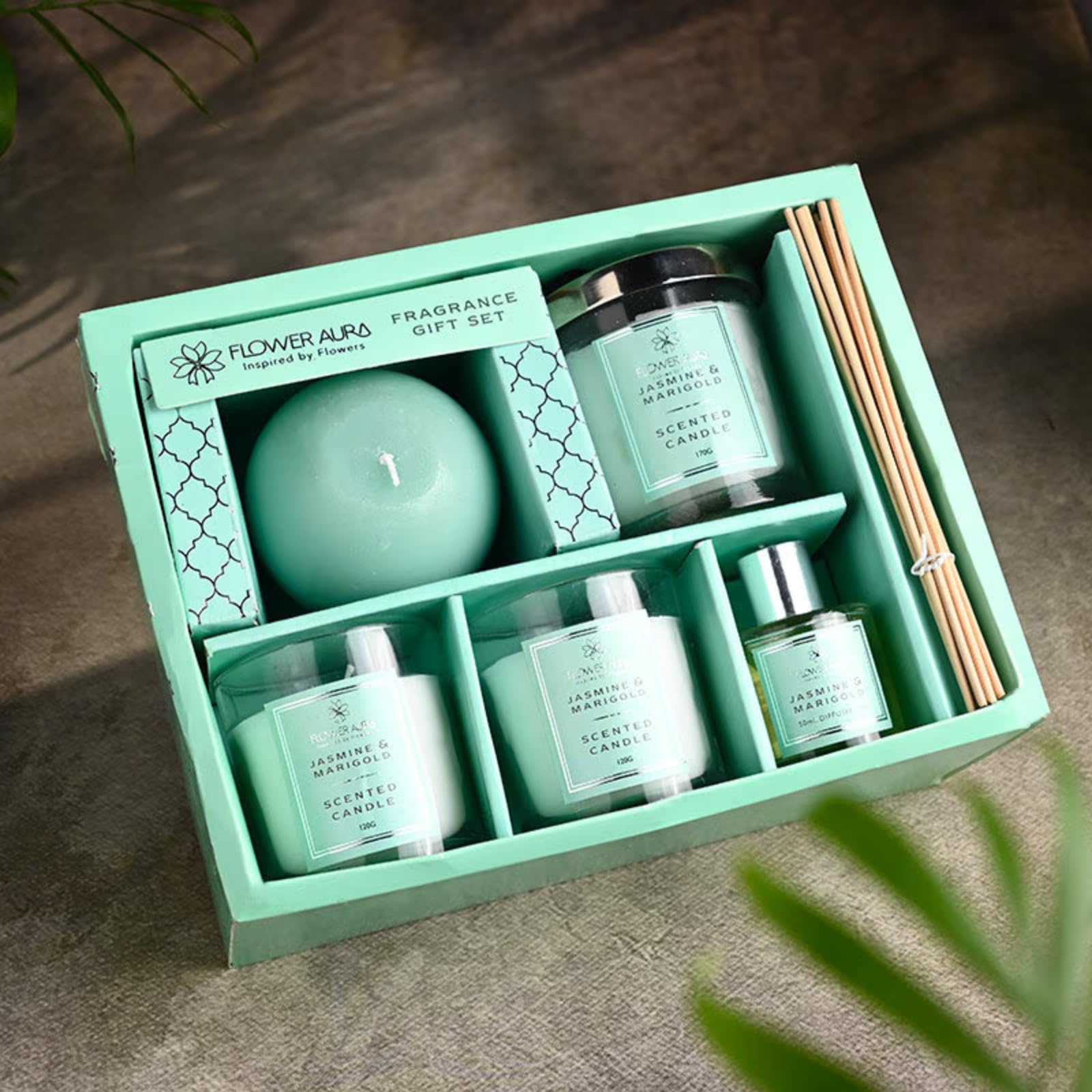 FlowerAura Premium Gift Hamper of Jasmine & Marigold Scented 4 Unique Candles & Reed Diffuser in Box for Birthday, Anniversary, Farewell, Wedding, Occasions Gift, Corporate Gift (Same Day Delivery)-image-46