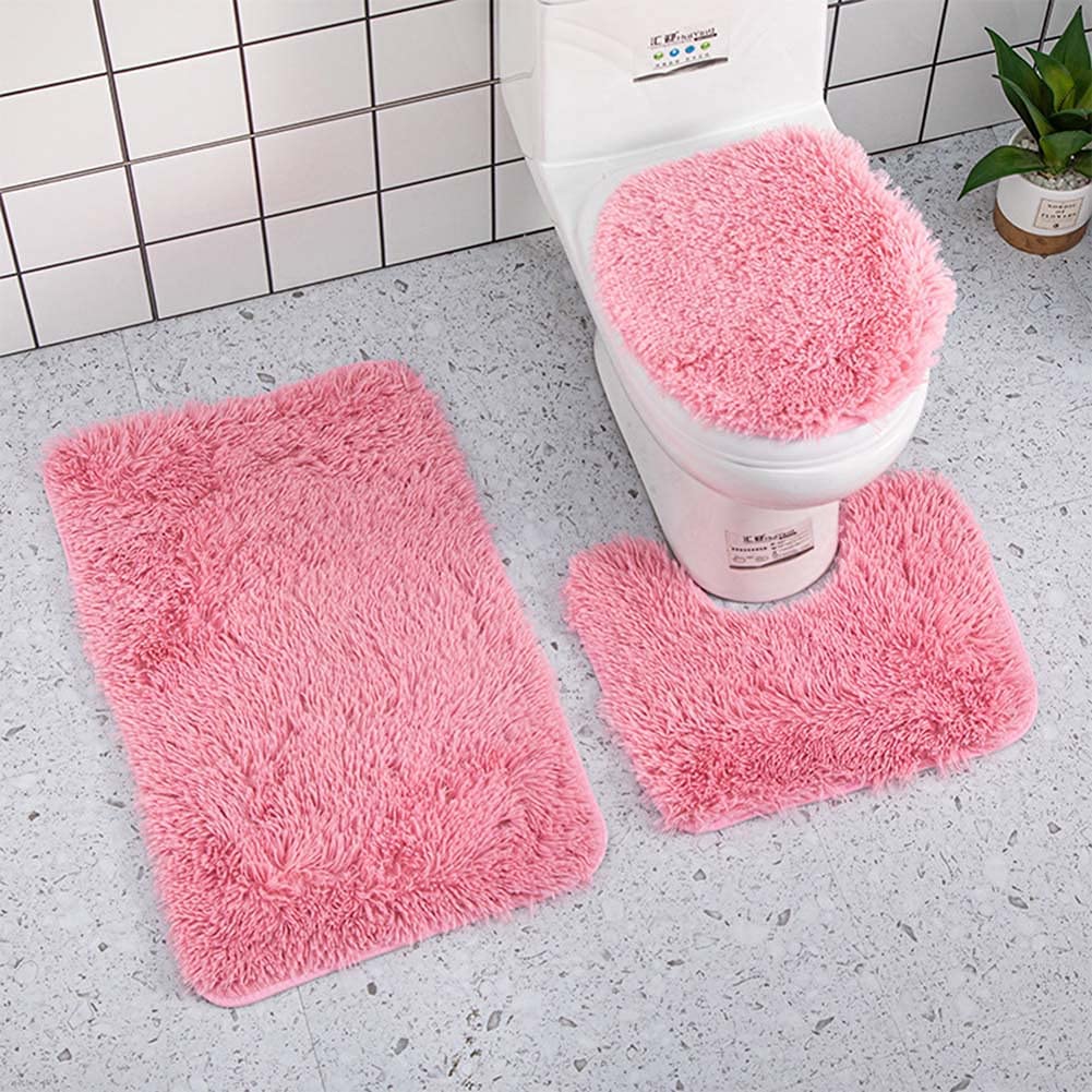 AYGCI Bathroom Rug Set of 3 Bath Mats Bath Set Bathroom Rugs Soft Anti Slip Soft Mats U-Shaped Contour Toilet Rug Bathmat and Toilet Lid Cover Deep