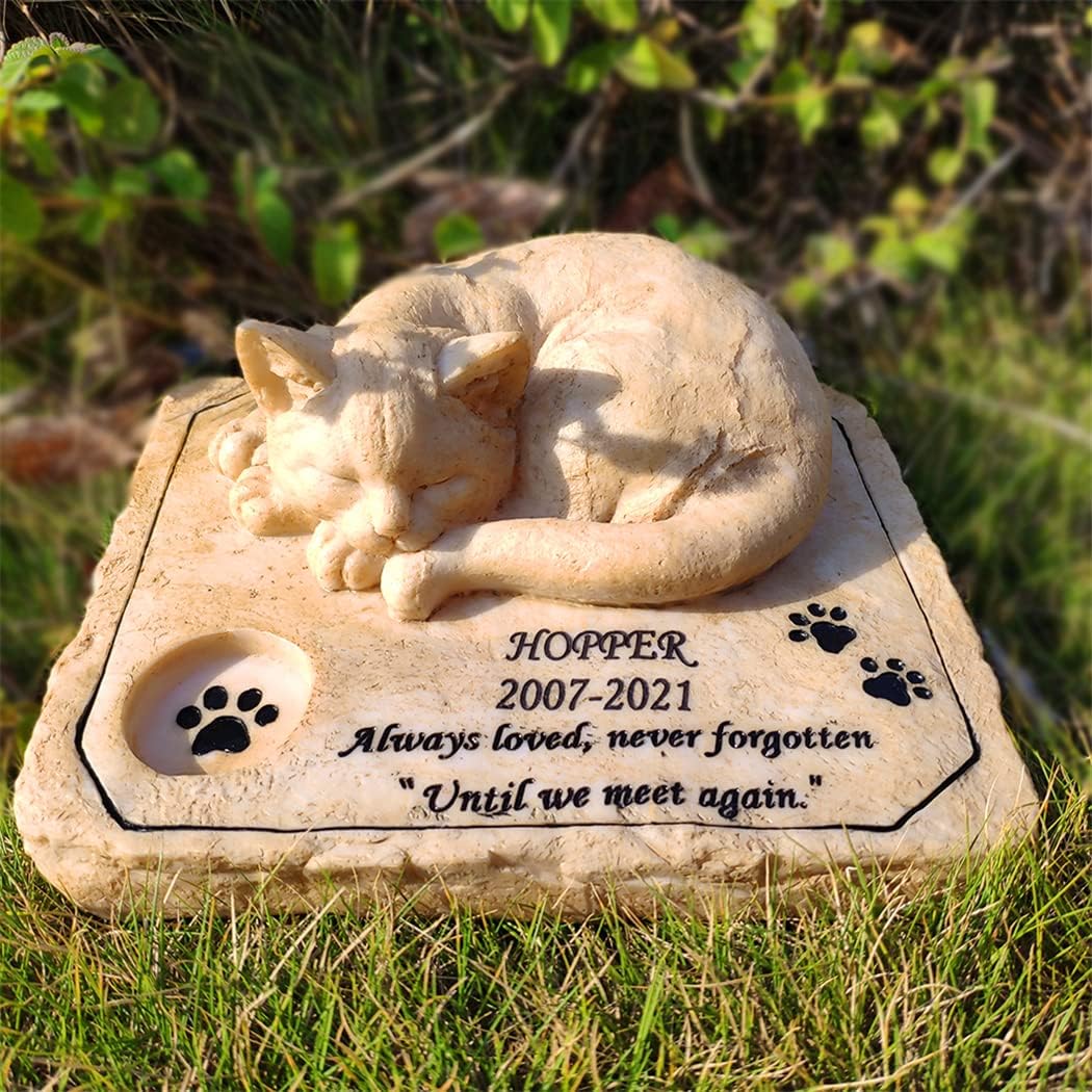 Aveena Cat Memorial Stones Garden Stones, Personalized Cat Memorial Headstones Grave Markers with A Sleeping Cat Statue On The Top, Loss of Cat Memorial Gifts Sympathy Gifts Outdoors, 8"×6.5"×3"