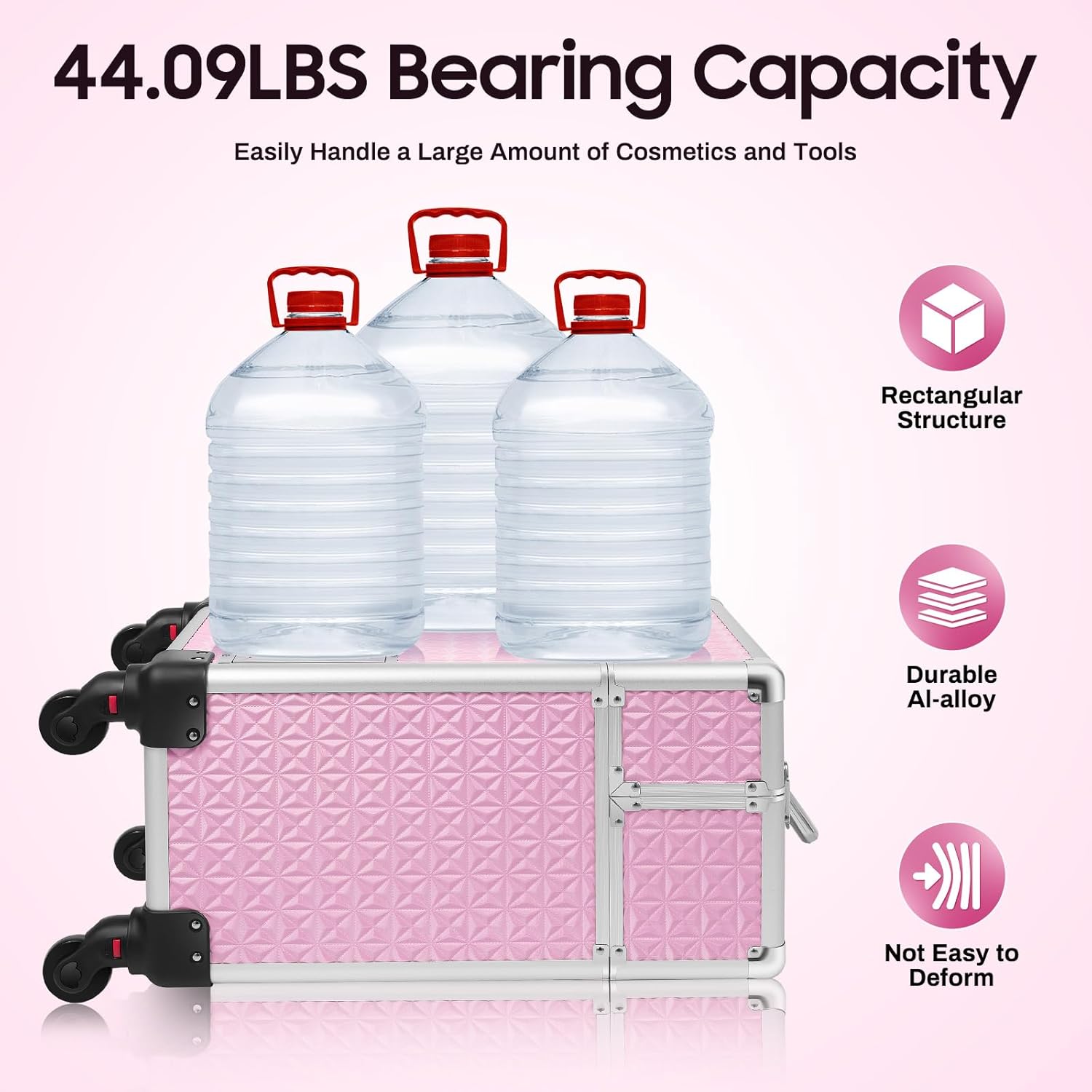 13.4x9.8x18.5in Rolling Makeup Case with Wheels,Five-in-One Makeup Box Load 44.09lbs,Aluminum Alloy Cosmetic Organizer for Hair Stylists,Pet Groomers,Dresser Artists (Pink) - Image 5