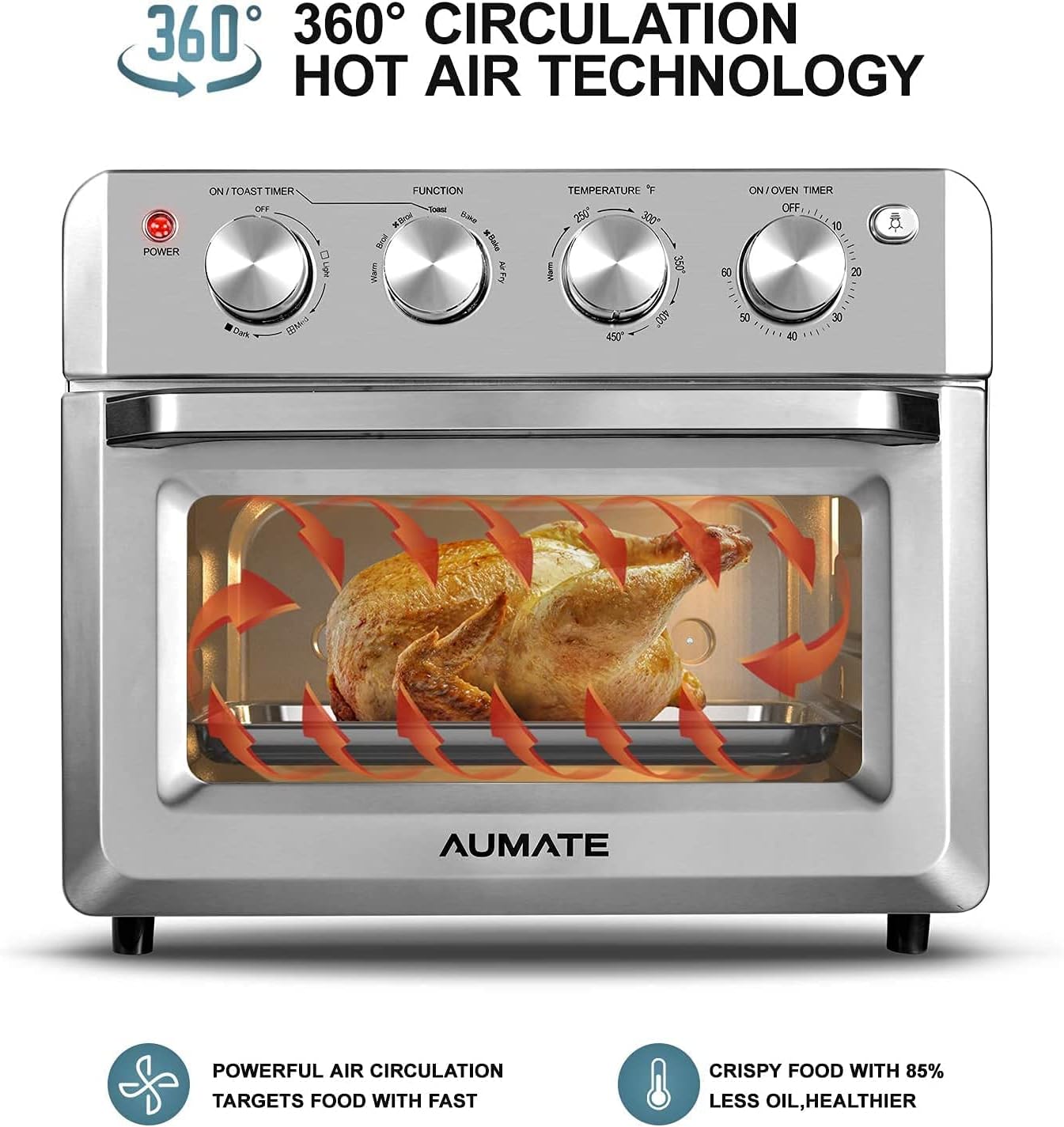 AUMATE Air Fryer Toaster Oven showing 360-degree hot air circulation technology with a whole roasted chicken