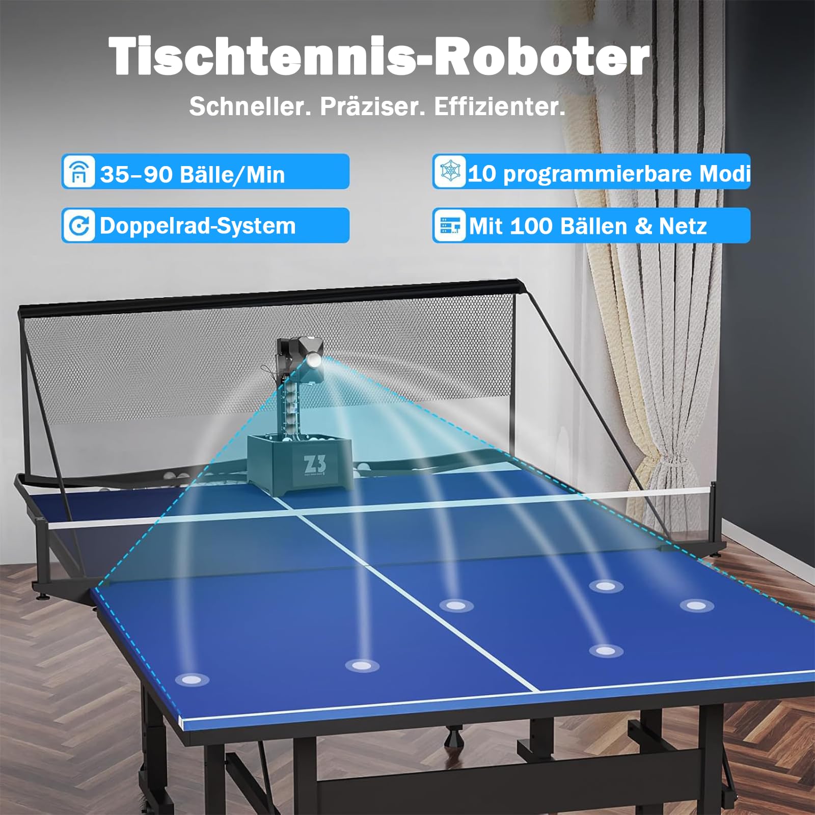 OUKANING Automatische Tischtennismaschine mit Fernbedienung 100 Bälle & Netz, Tischtennis-Roboter, Ping Pong Ball Wurfmaschine 35-90 Balls/Min, 10 Modi & Doppelrad-System, Ping Pong Ball Maschine