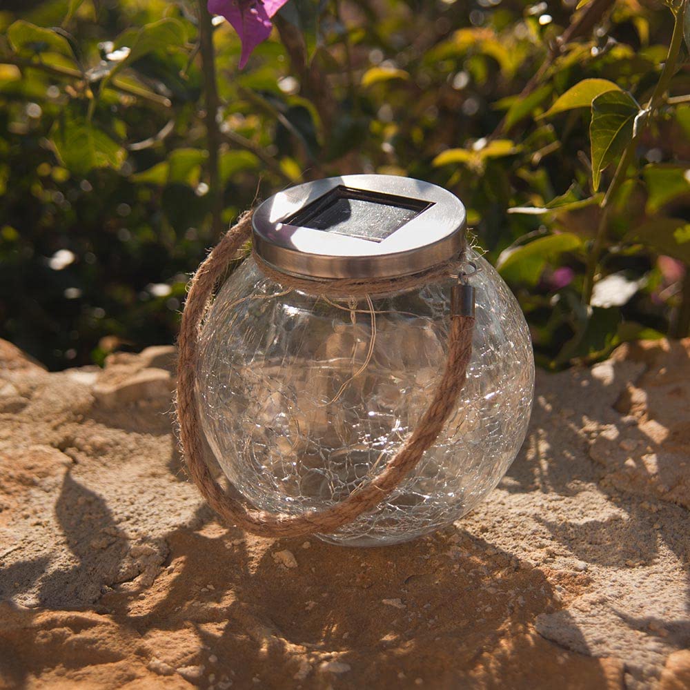 Lumisky Lot de 2 boules solaires en verre craquelé à poser poignée corde micro LED blanc chaud CRACK BALL CORD H13cm