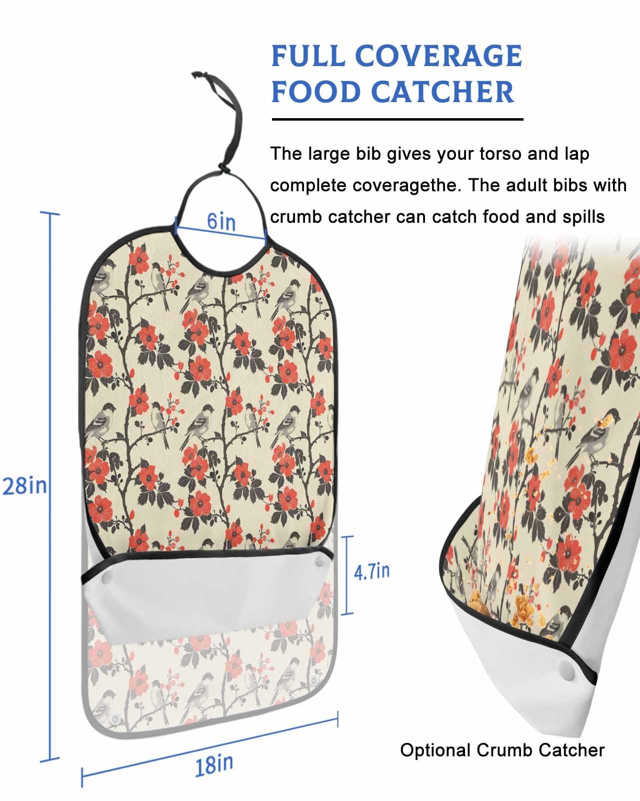 LEOKOTI Red Spring Floral Adult Bibs for Eating, Waterproof Bibs with Food Catcher & Adjustable Snap Closure, Vintage Birds Summer Botanical Washable Clothing Protectors Adult Bibs for Elderly