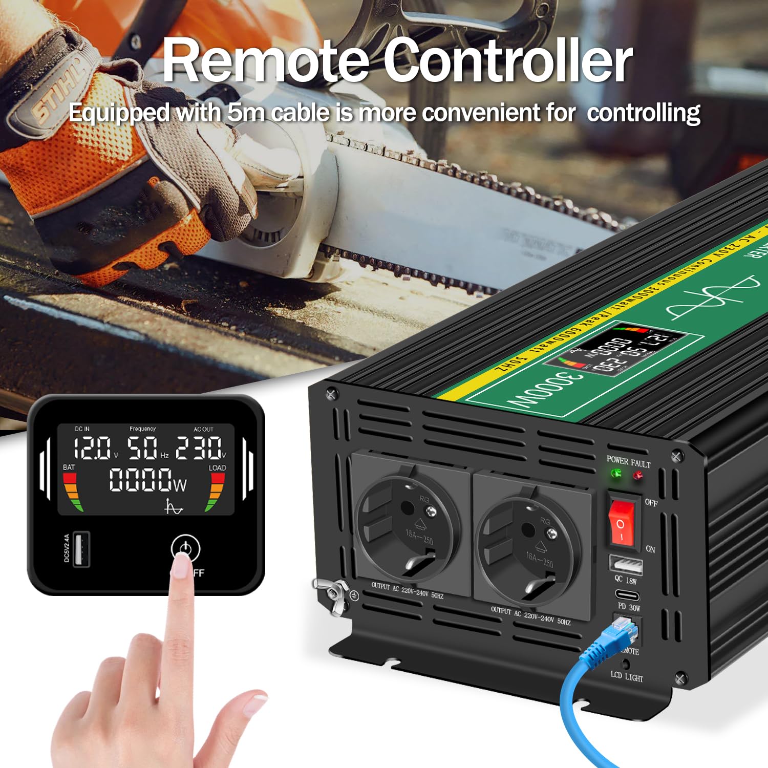 JIGUUN 3000W 6000W Wechselrichter Spannungswandler 12V auf 230V Reiner Sinus mit LCD-Anzeige,5M Fernbedienung,2 EU Steckdosen,1 USB,Geeignet für Wohnmobil,Camper,LKW