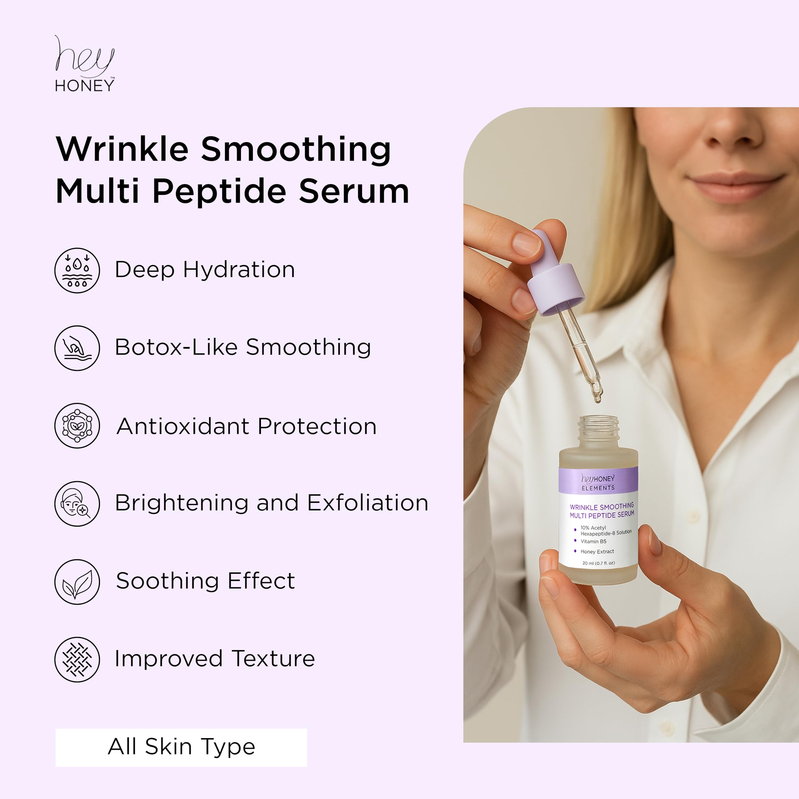 Hey Honey Wrinkle-Smoothing Multi-Peptide Serum | 10% Acetyl Hexapeptide-8 + Honey Extract & Vitamin B5, Visibly Reduce Fine Lines & Expression Wrinkles | 0.67 fl oz (20 mL)