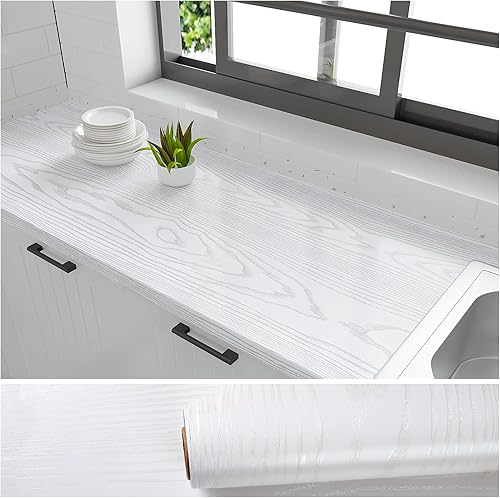 VEELIKE Papel de contacto de madera blanca de 15.7 x 354 pulgadas, papel tapiz de madera con textura plateada, autoadhesivo, extraíble, impermeable,