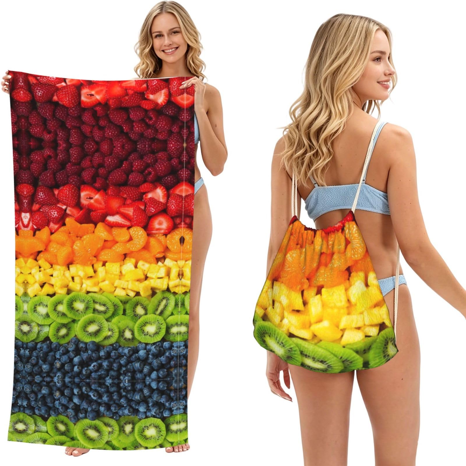 EZDLOWVBA Fruit Rainbow Print Beach Towel Backpack 2 In 1 Summer Large Lightweight Beach Towel - Multifunctional Ship Pattern Towel Bag For Storage,Sport
