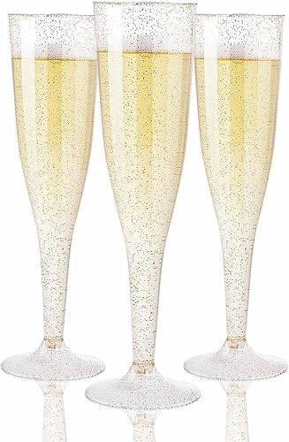 WDF Paquete de 36 copas de champán de plástico con purpurina dorada, 7 onzas, vasos de champán dorados desechables de plástico para fiestas, bodas,