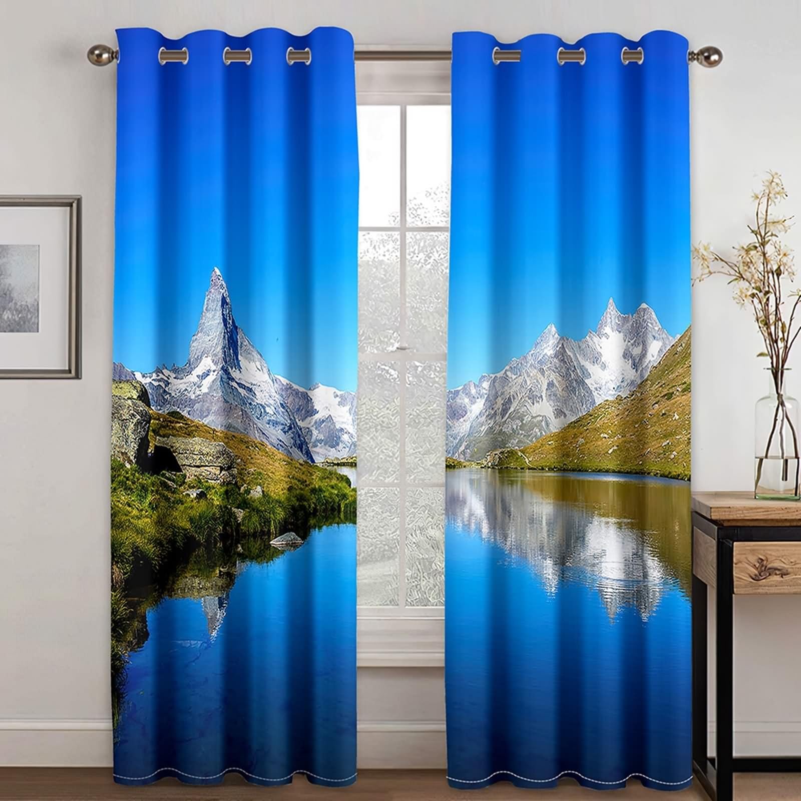 Czeska zasłona okienna, zestaw zasłon do salonu niebieski zielony naturalny krajobraz górska rzeka poliester zestaw 2 szt. 192 x 183 cm