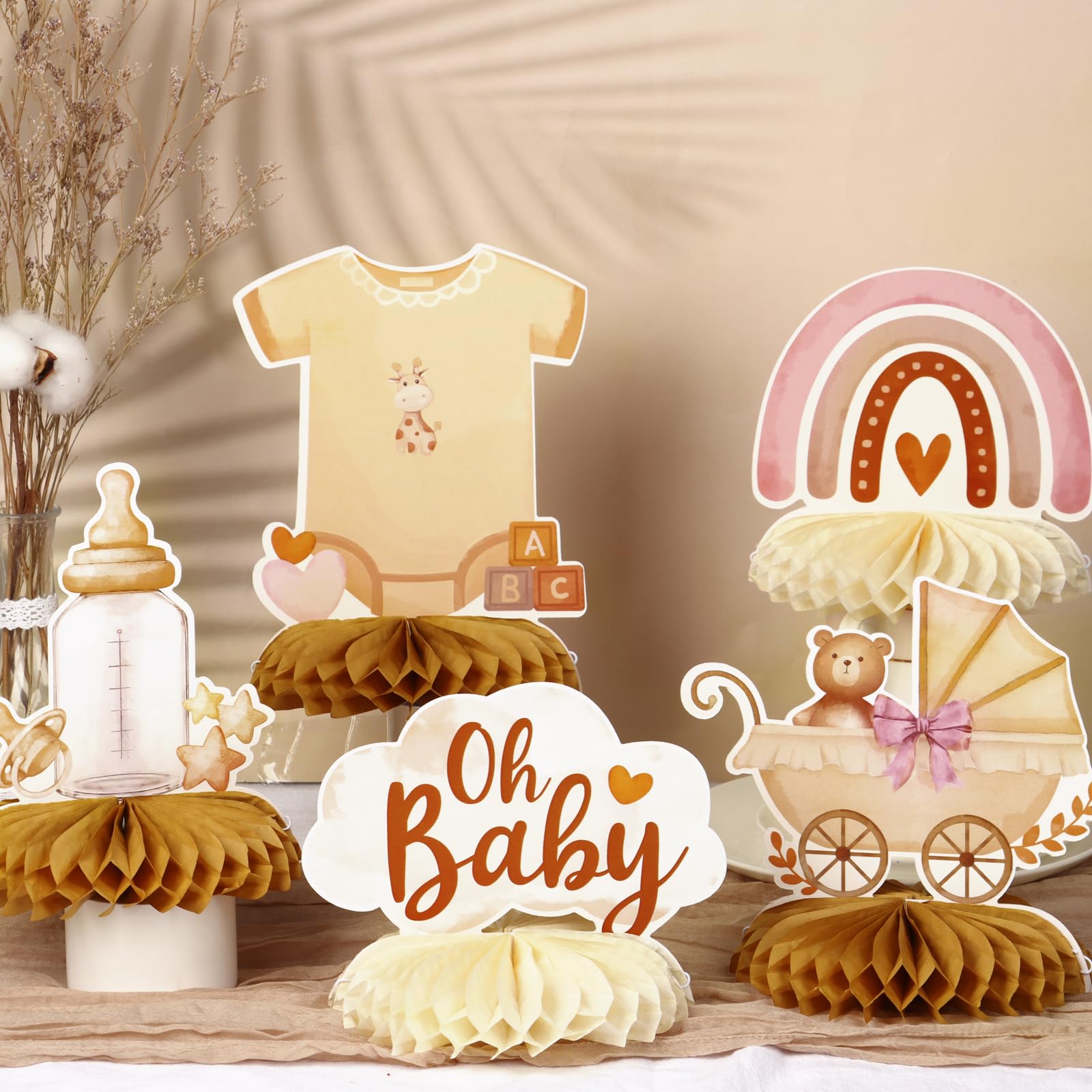 Décoration Table Babyshower - 6 Centres De Table Nid D'abeille + Confettis - Thème Bébé Fille, Baptême, Révélation Genre - 7