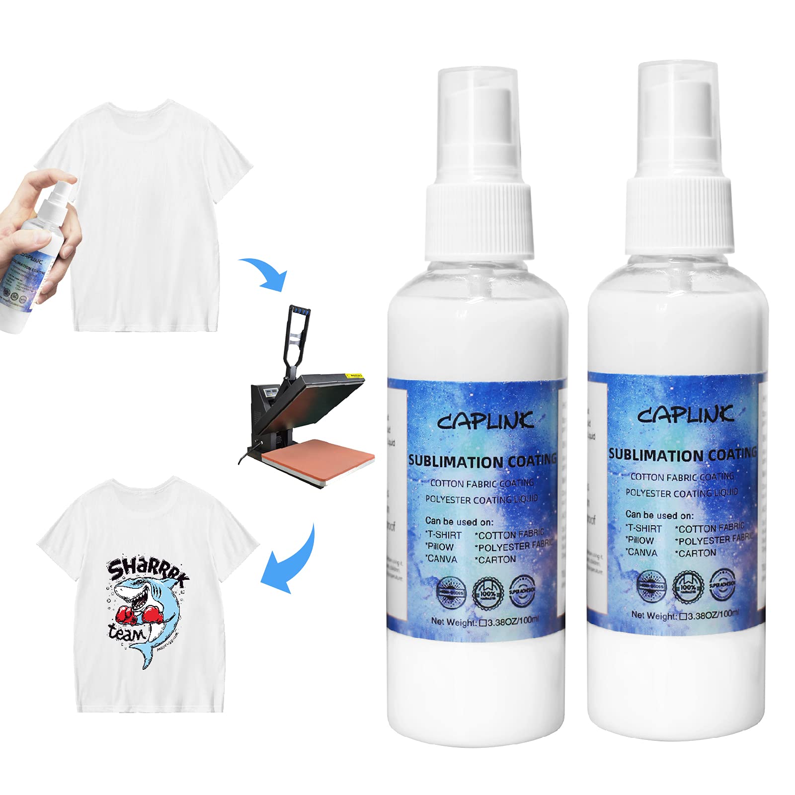 Sublimation Coating Spray for Cotton Polyester Fabric, CAPLINK Magic Prep Sublimation Fluid Spray for Polyester,Canvas,Hard Surface Spray Coating High Gloss Finish | & Quick Dry 2pcs X 100ml