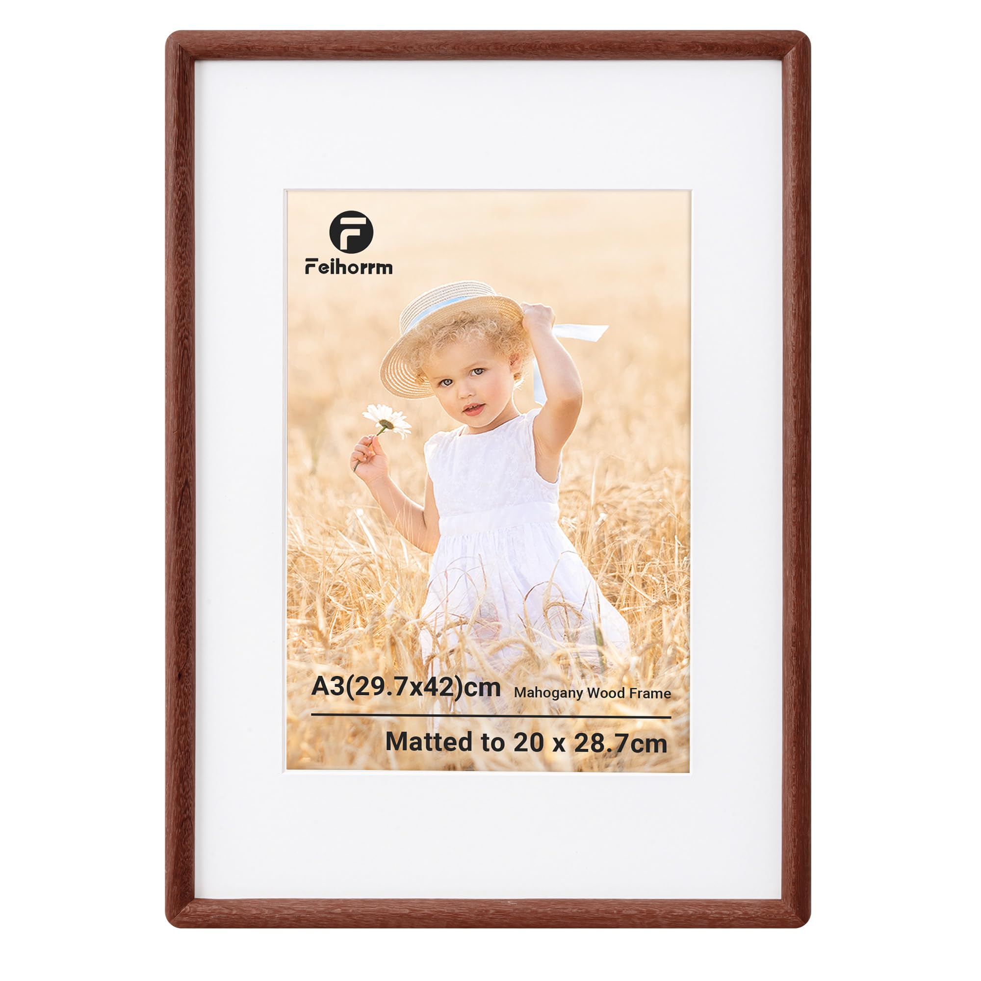 Feihorrm A3 Picture Frame, Mahogany Solid Wood Photo Frame, A3 Poster Frame, A3(29.7x42 cm) Frame Matted to 20x28.7 cm Photos, Handcrafted Rounded Corners with HD Tempered Glass, Wall Mount Display