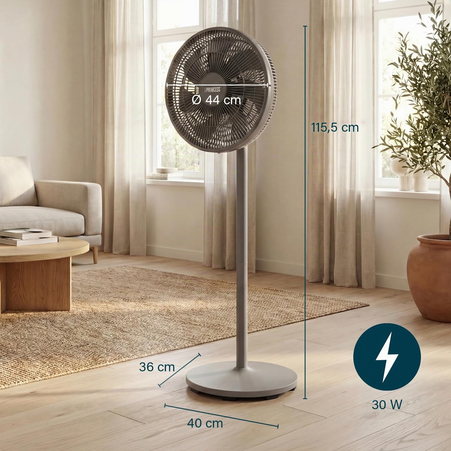 Princess Säulenventilator - Elegantes Design - 30 W - Leistungsstark, Leise, Energieeffizient - Durchmesser: 44 cm - Oszillierend - 12 Geschwindigkeiten - 354822