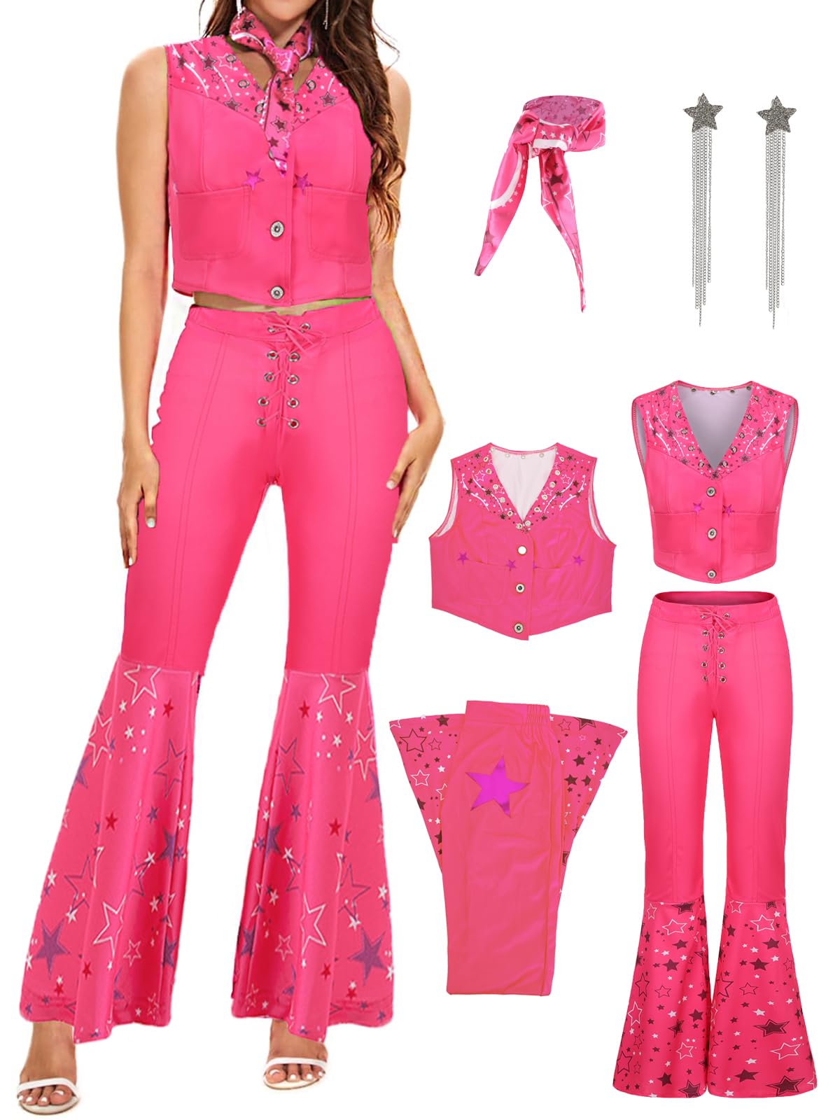 Women Girls Cowgirl Costume Kids Adult 70s 80s Hippie Disco Cowboy Outfits Halloween Costume Cosplay ( 3XL)