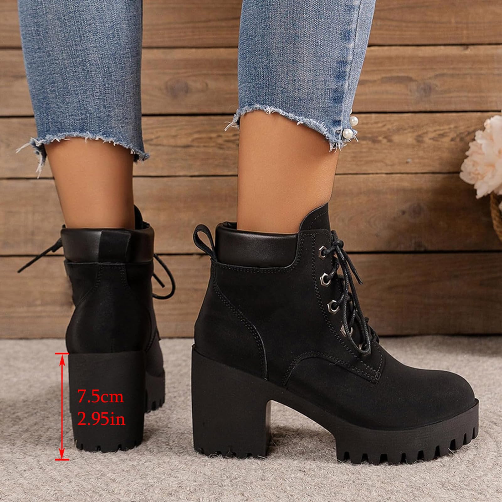 Botas de tacón grueso con cordones para mujer, plataforma de moda de tacón alto, botas informales, punta redonda, invierno, aspecto de piel, botas cortas