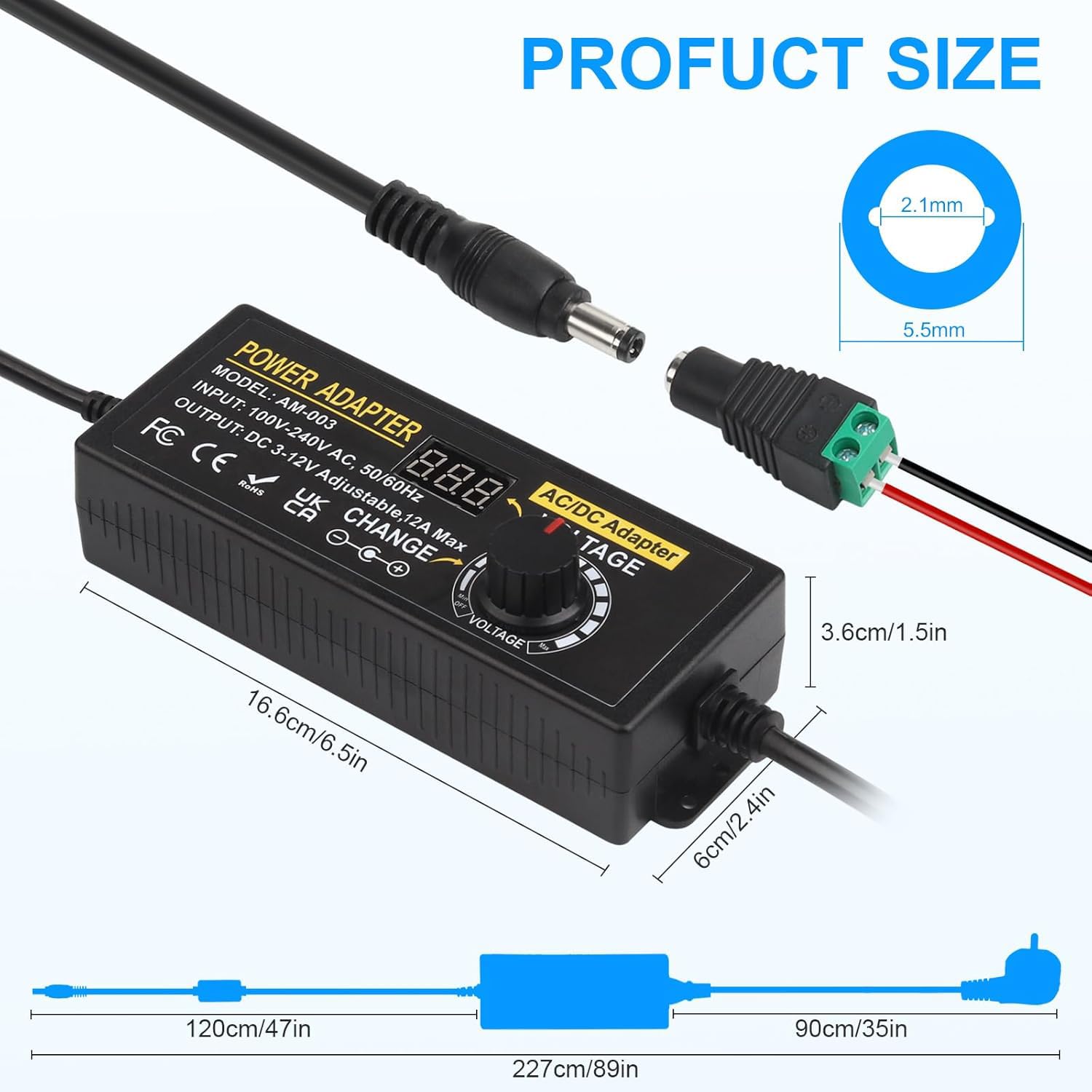 Universal Netzteil 12V 12A, Verstellbarer Netzadapter 3V-12V 144W Einstellbares Netzteil 100V-240V AC to DC 3V 4.5V 5V 6V 7.5V 9V 12V 1A 2A 3A 4A 5A 10A mit 14 DC Steckern