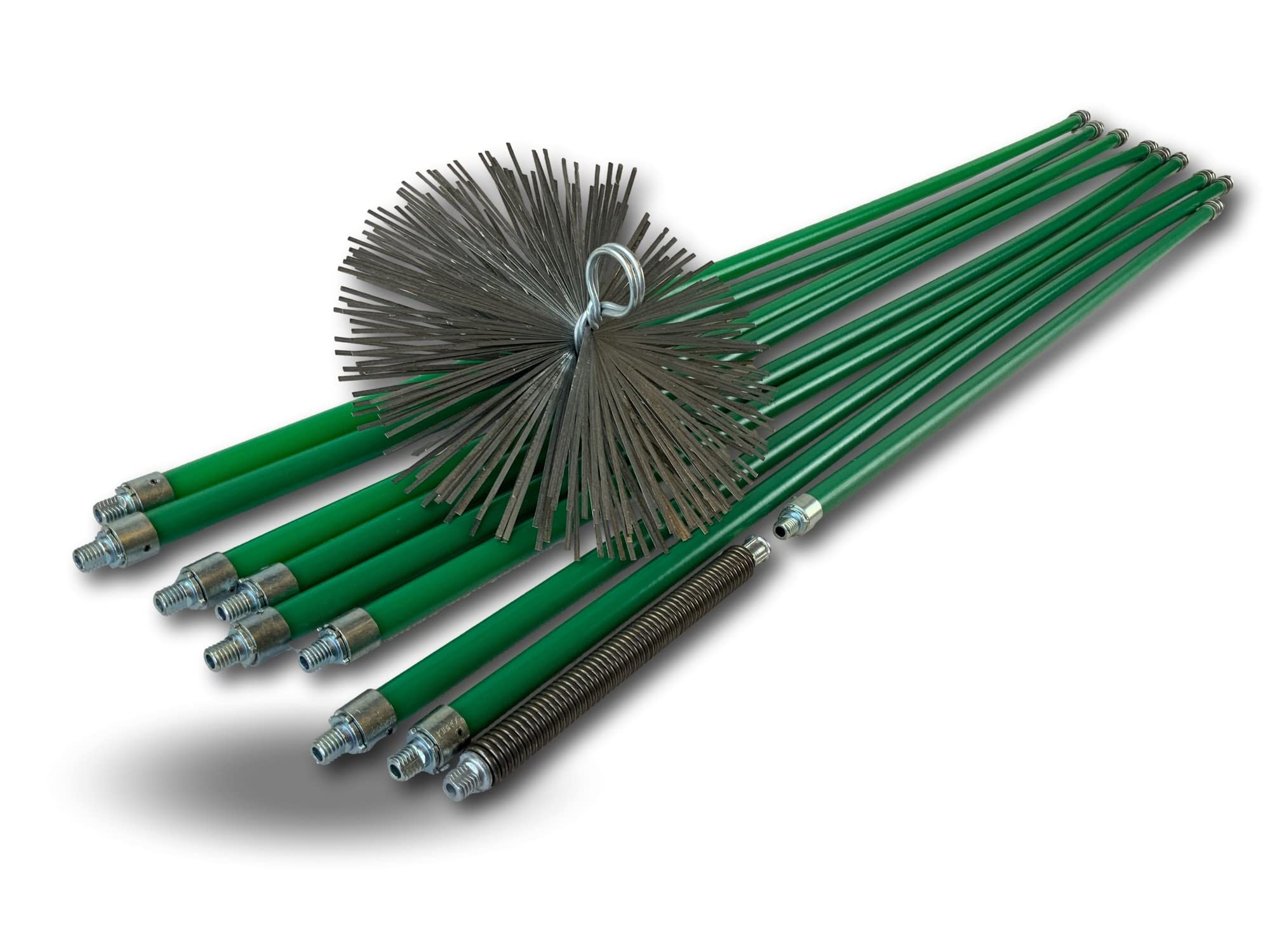 Kit Profesional de Limpieza para conductos no revestidos | Cepillo de Acero | Ø 250 mm | 12 m con 9 Varillas autobloqueantes Ø 18 mm Huecas | Resorte de Inicio | Chimeneas | Kibros 5KIT25ALO | Cañas verdes Ø 18 mm huecas 8×1,4 m+1×1 m, muelle de salida, c