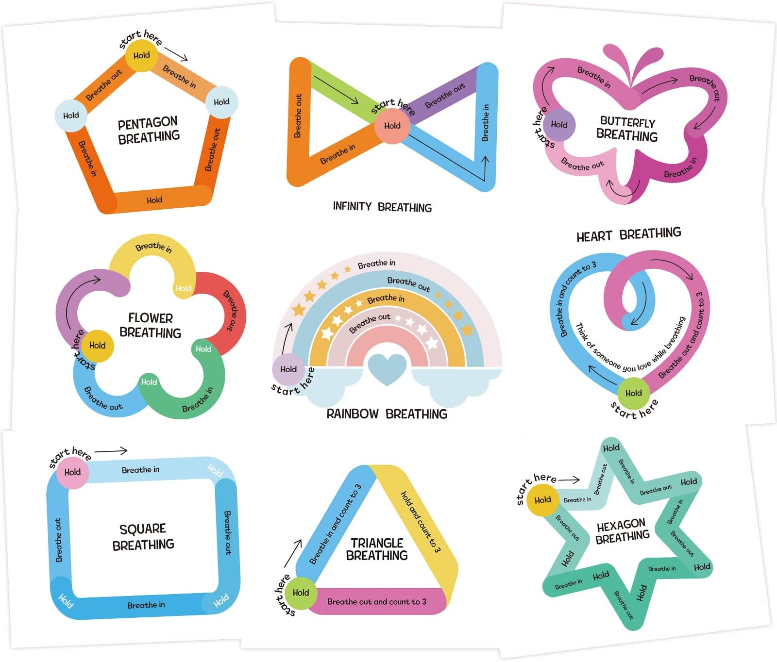 Geyee 9 Pcs Classroom Breathing Posters Calming Corner Posters Mindfulness Therapy Office Decor Calm Down Corner Wall Art Feelings Chart for Kids Educational Posters for Classroom