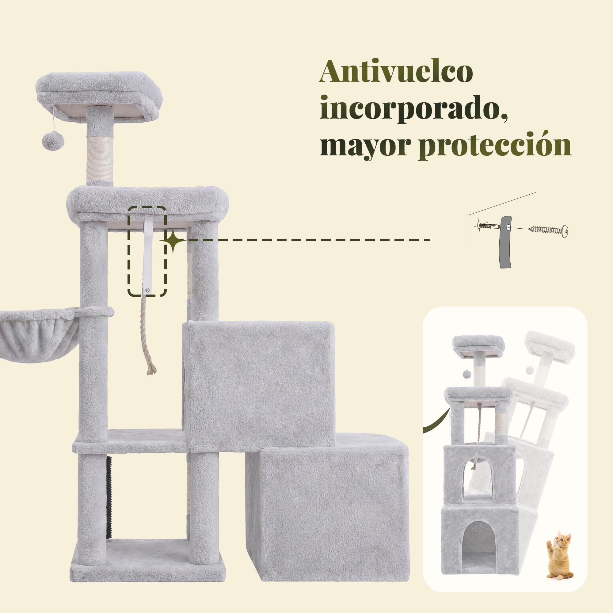 Hey‑brother Rascador para Gatos, Diseño Escalonado, 2 Cuevas, MPJ061W | 130cm Árbol para Gatos, 2 Plataformas, Cesta, Cepillo para Mascotas, para Gato de Interior, Gris Claro